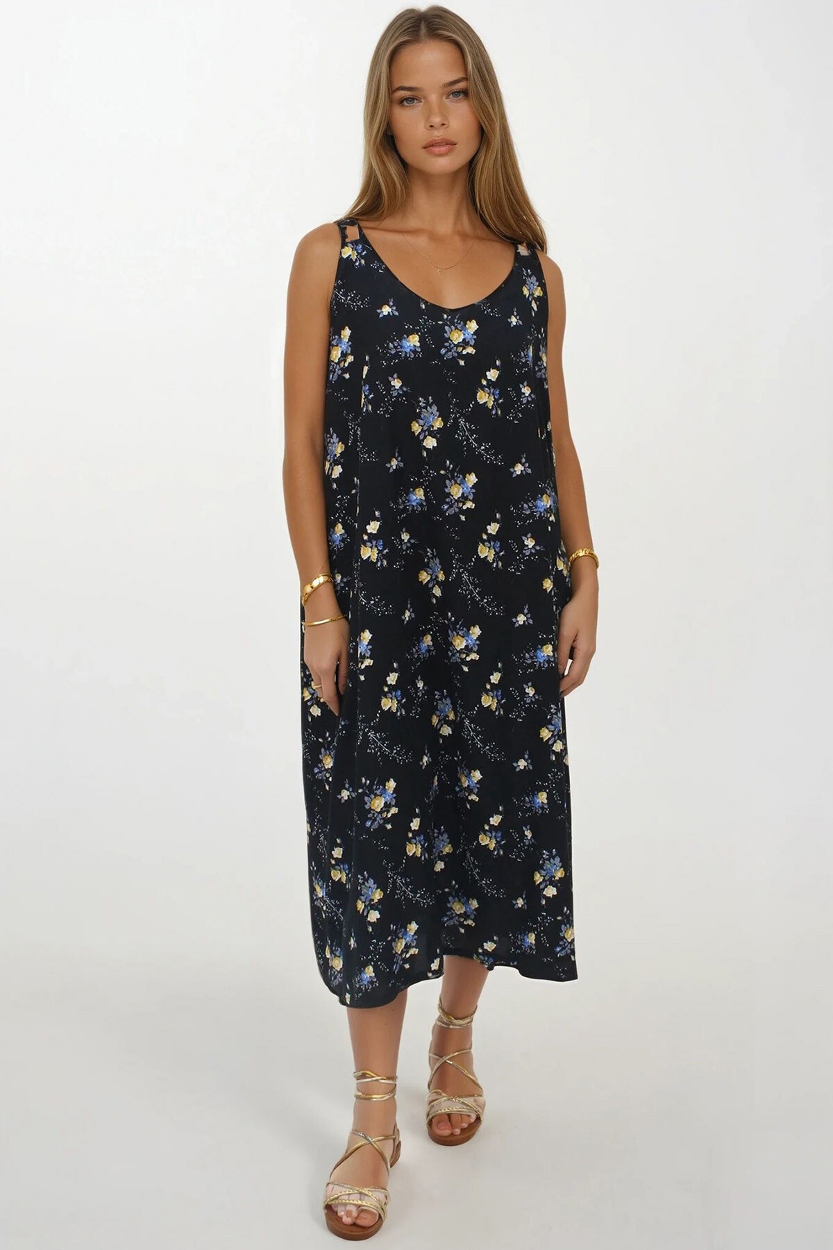 Siyah Çift Cepli Rahat Kesim Desenli Elbise