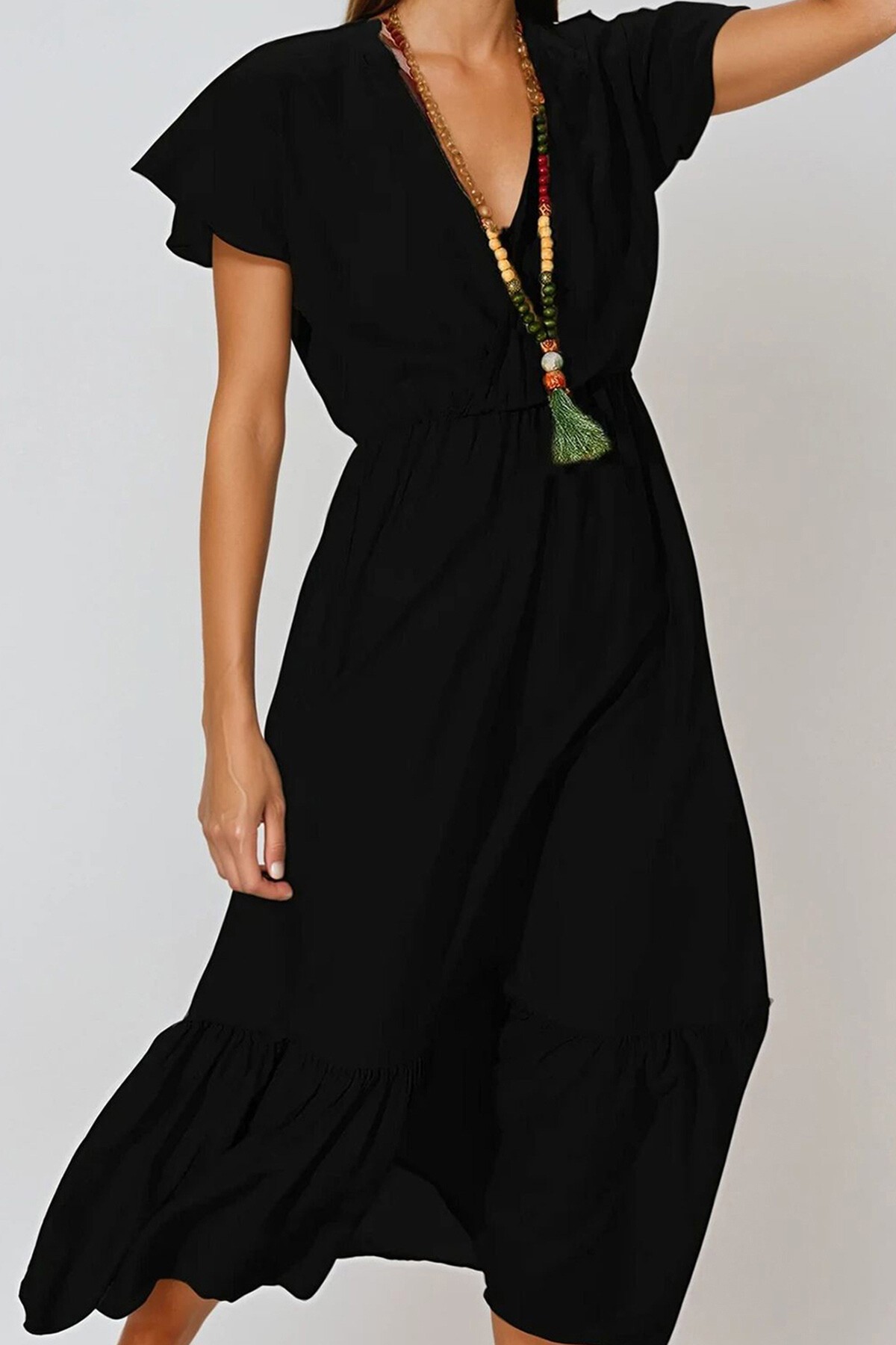 Siyah Çizgili Desenli Kruvaze Maxı Boy Elbise