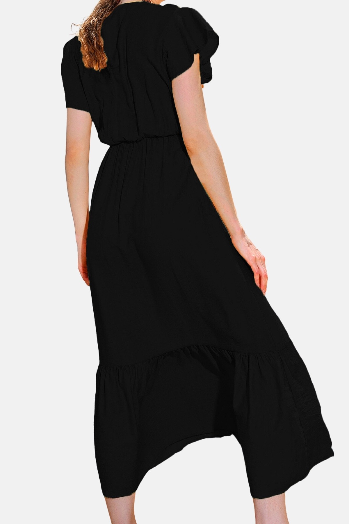 Siyah Çizgili Desenli Kruvaze Maxı Boy Elbise