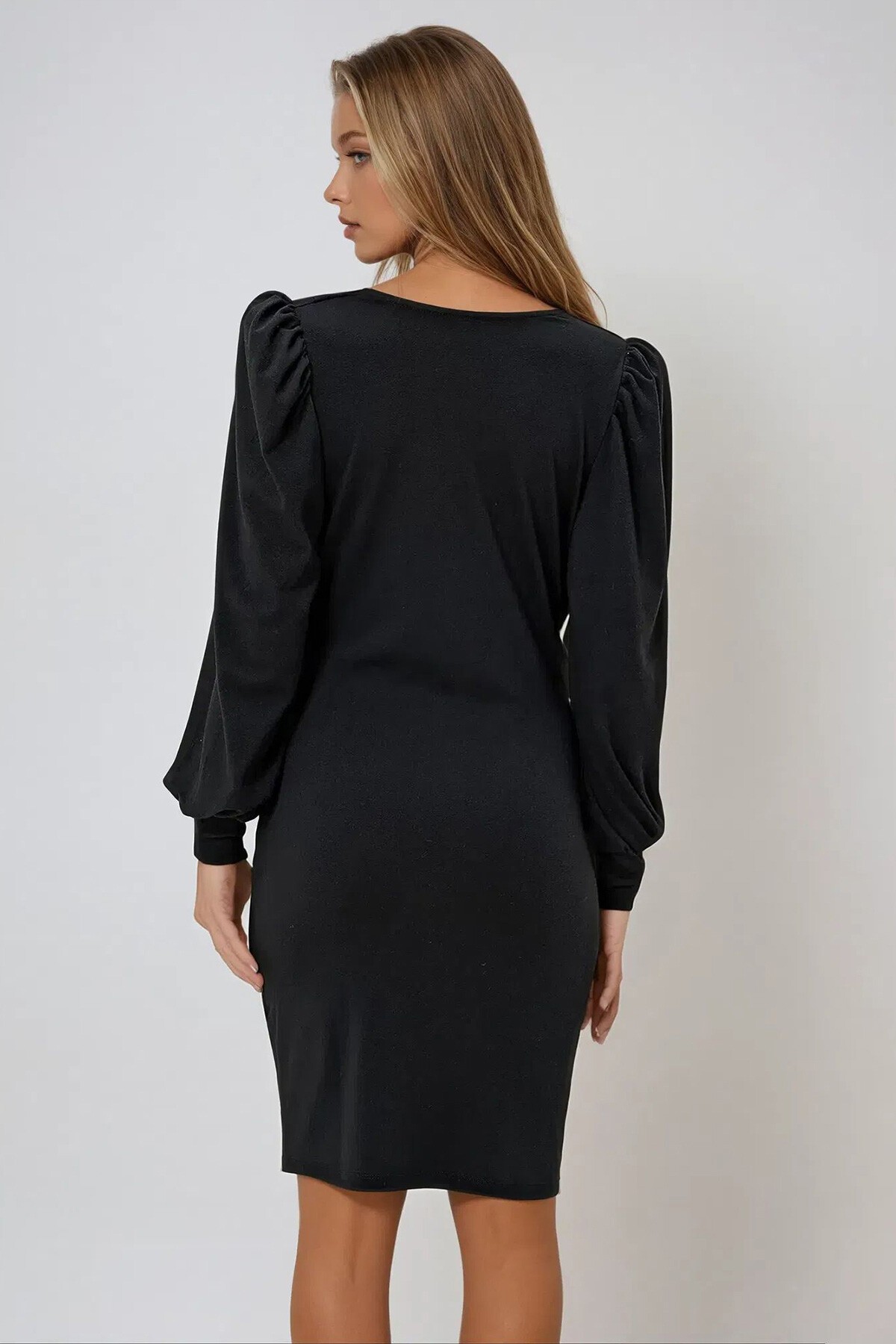 Siyah Degaje Yaka Prenses Kol Örme Krep Mevsimlik Mini Boy Elbise