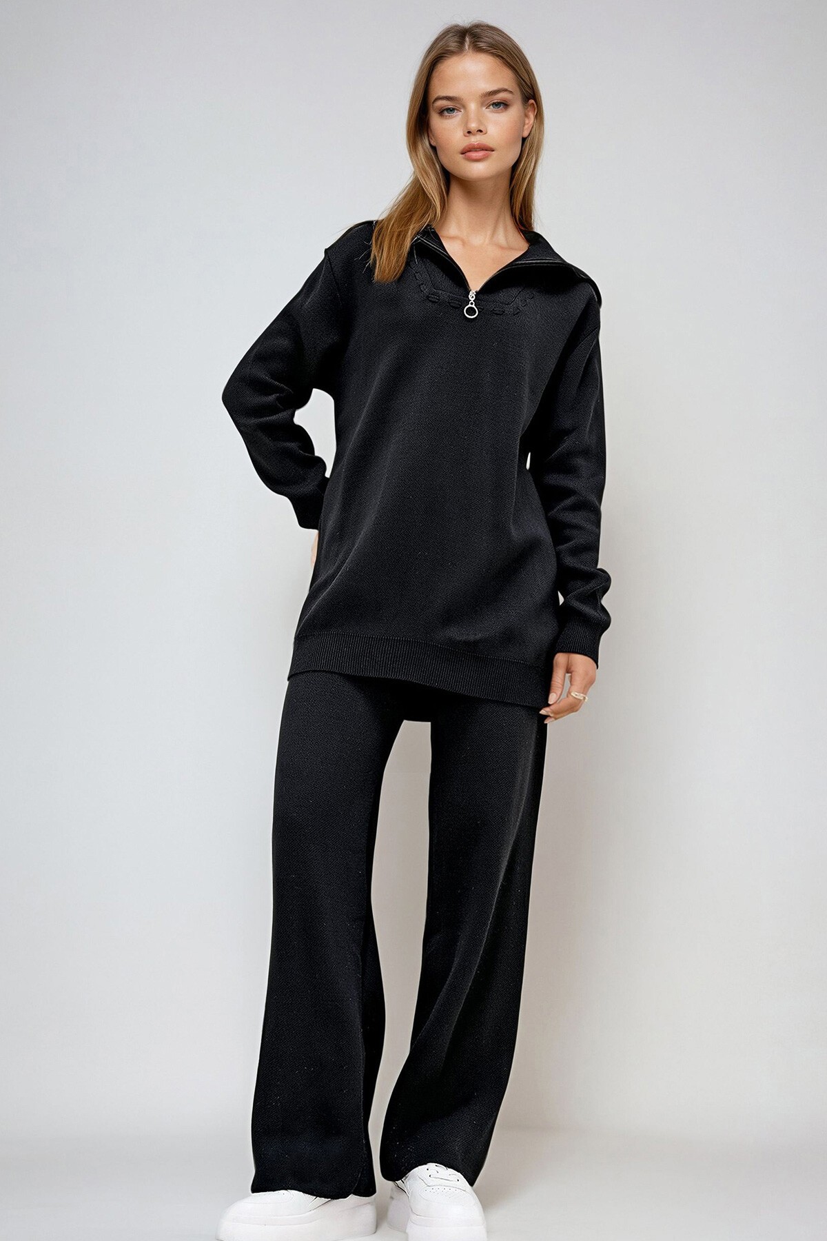 Siyah Denizci Yaka Çoban Dikişli Triko Kazak Ve Beli Lastikli Yüksek Bel Pantolon İkili Takım