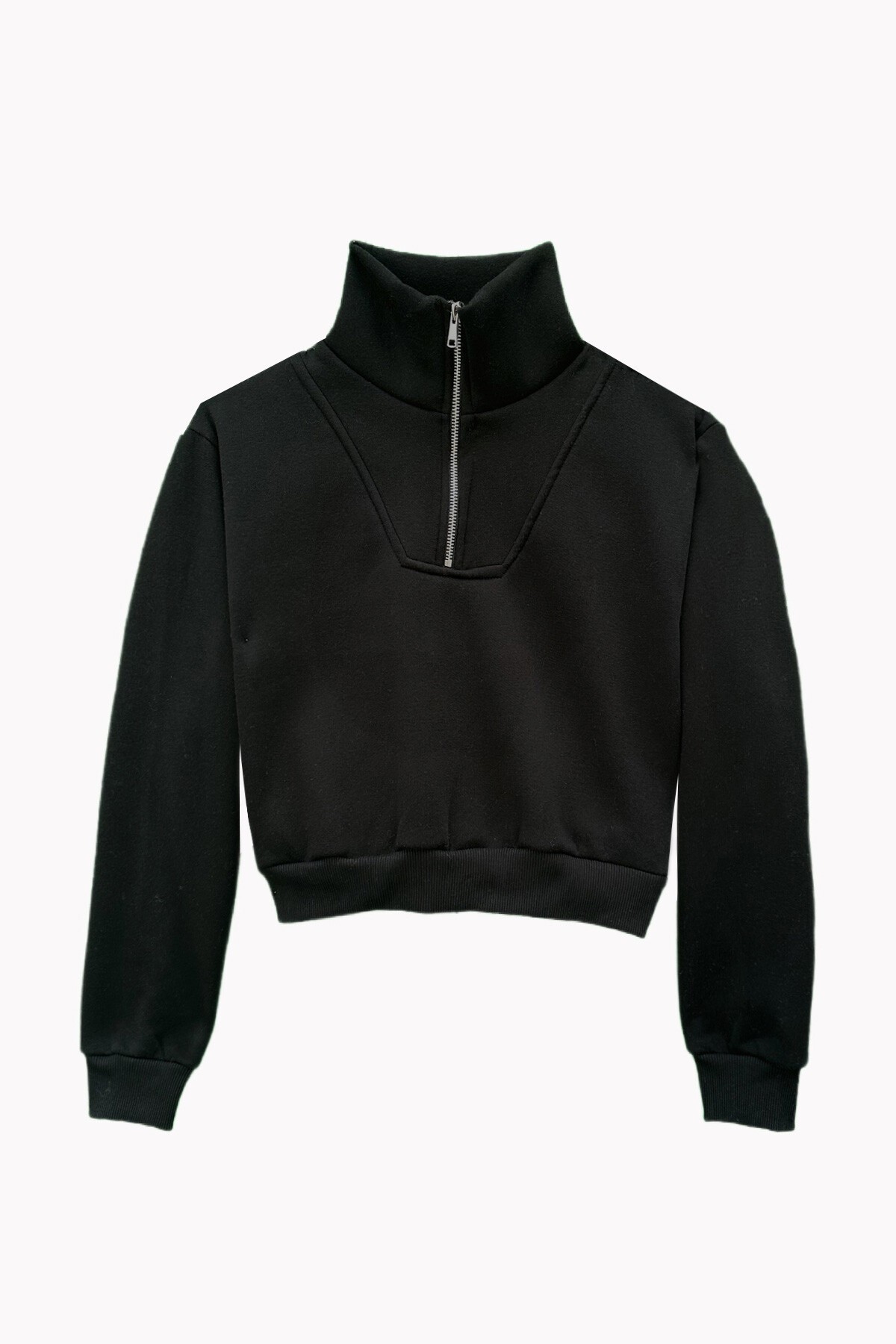 Siyah Dik Yaka Fermuarlı Sweatshirt