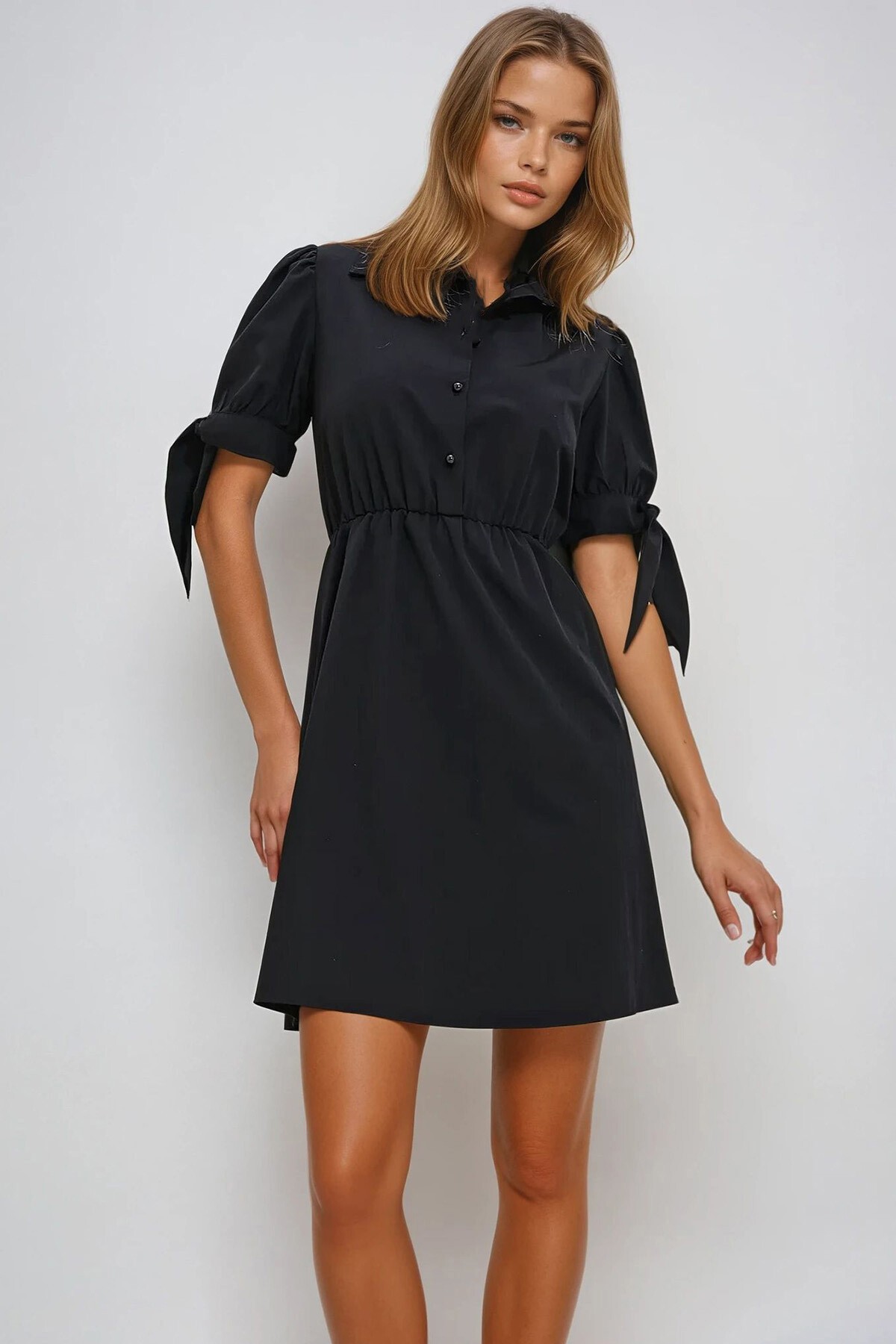 Siyah Gömlek Yaka Karpuz Kollu Poplin Elbise