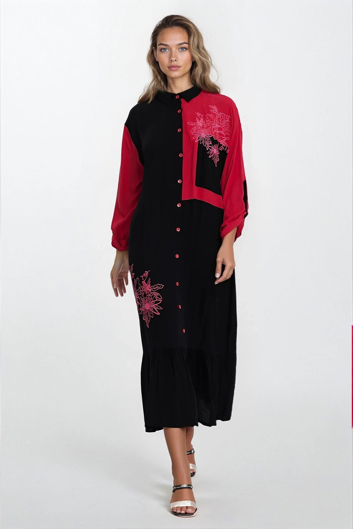 Siyah Gömlek Yaka Renk Bloklu Çiçek Nakışlı Büyük Beden Gömlek Elbise