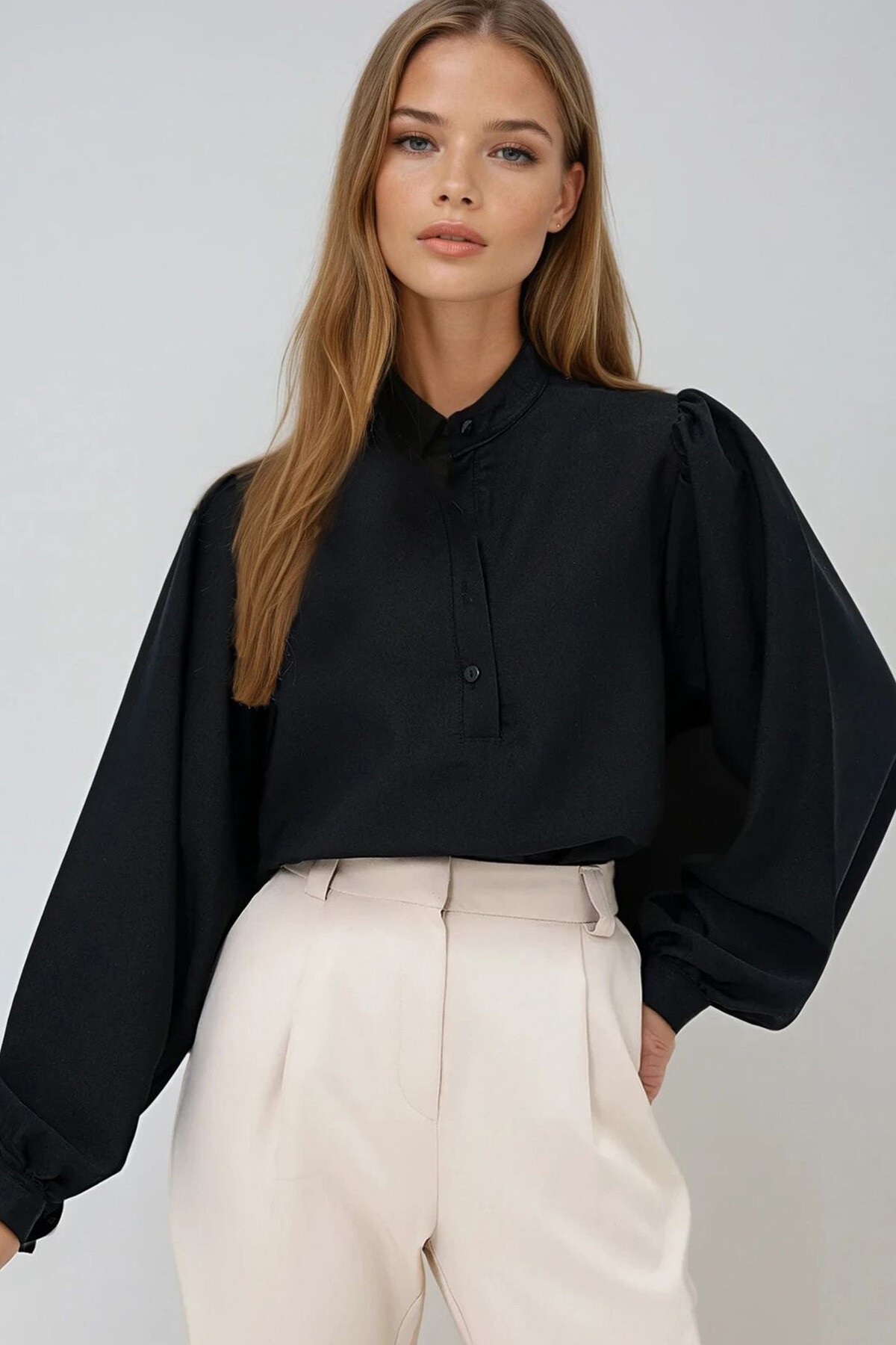 Siyah Hakim Yaka Yarım Pat Balon Kol Poplin Dokuma Gömlek