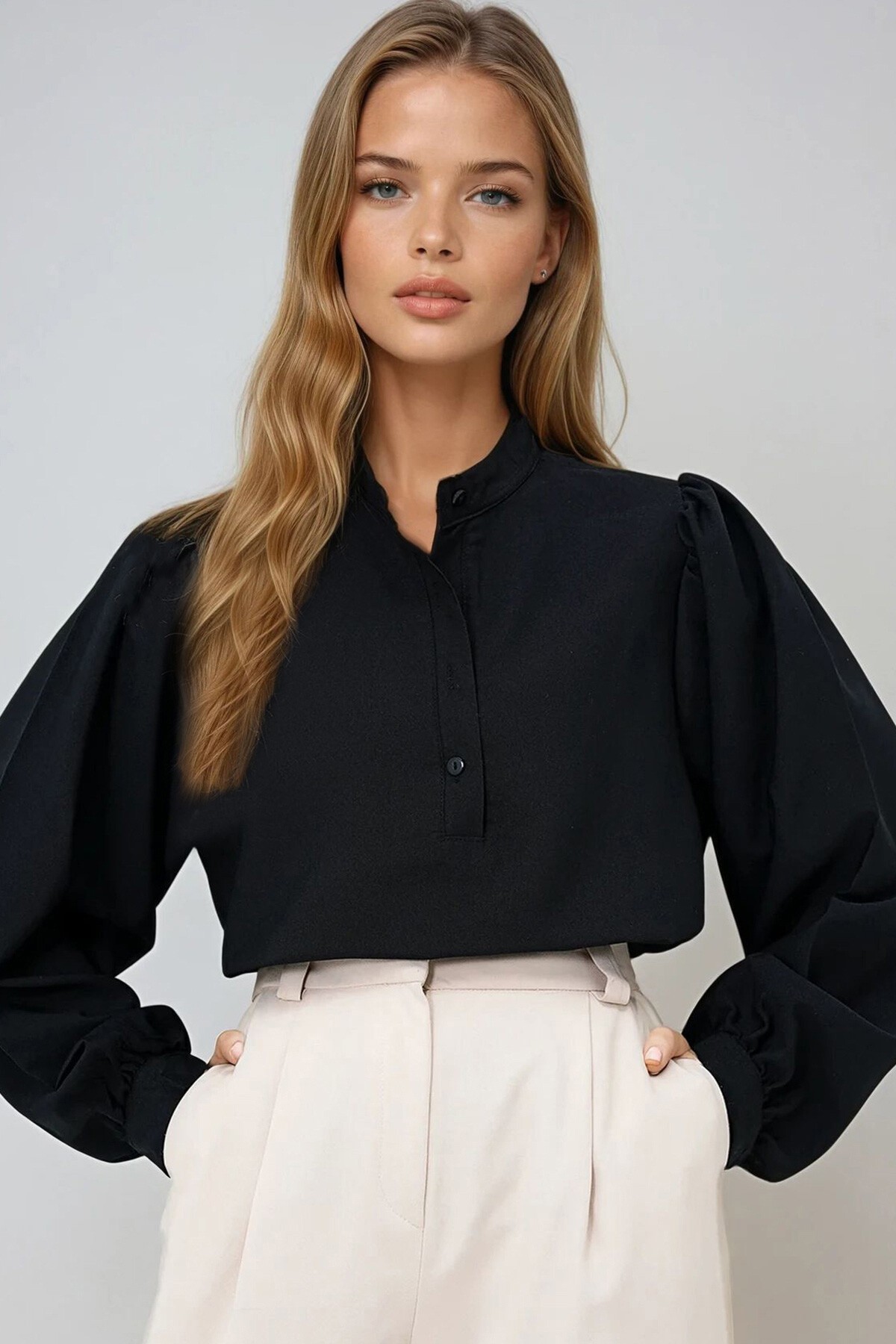 Siyah Hakim Yaka Yarım Pat Balon Kol Poplin Dokuma Gömlek