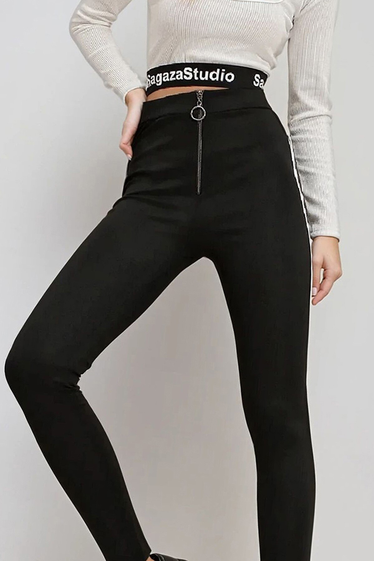 Siyah Halka Fermuar Detaylı Yanı Şeritli Mat Dokulu Yüksek Bel Tayt