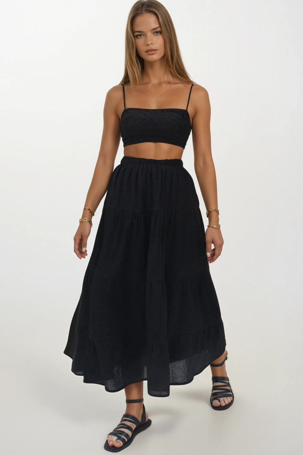 Siyah İçi Astarlı Kat Kat Volanlı Midi Boy Etek