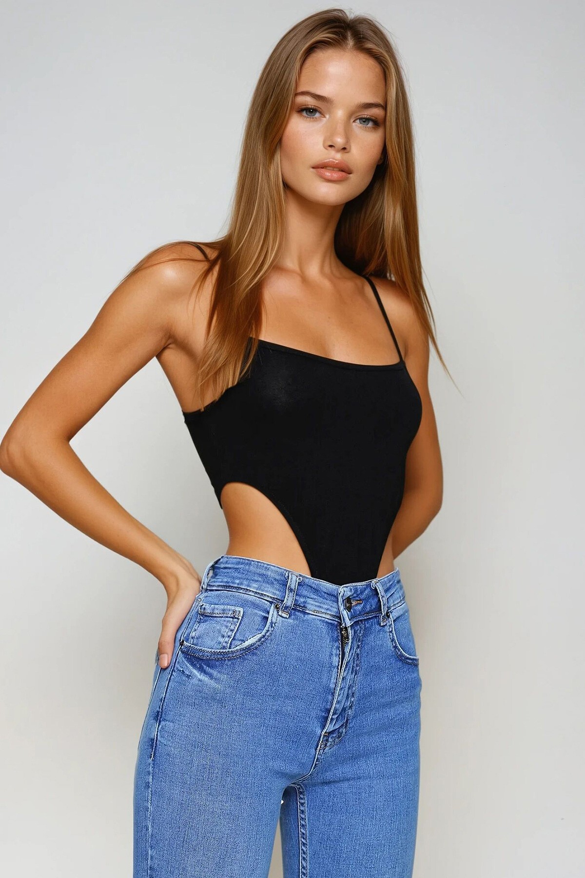 Siyah İp Askılı Çıtçıtlı Body