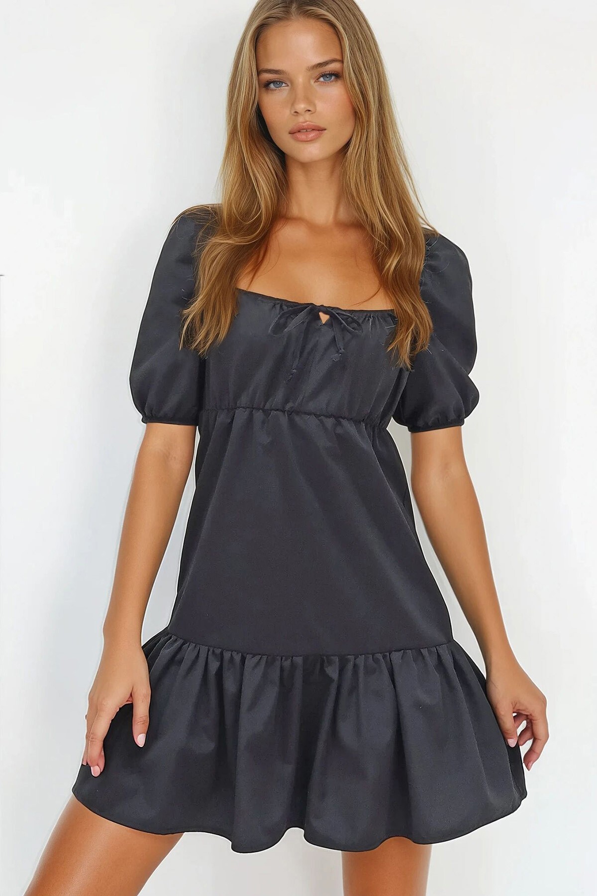 Siyah Kare Yaka Balon Kol Poplin  Mini Elbise