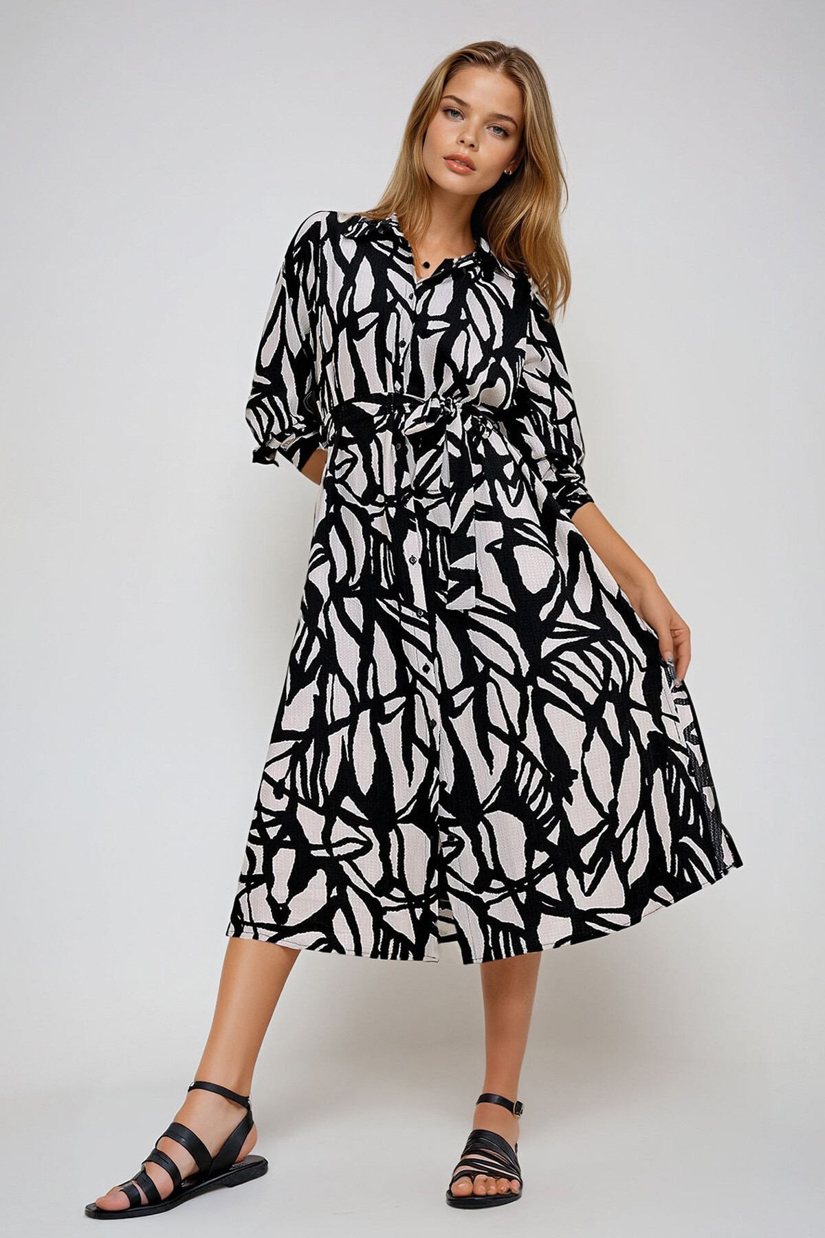 Siyah Krem Puantiye Desenli Dokuma Viscon Gömlek Elbise