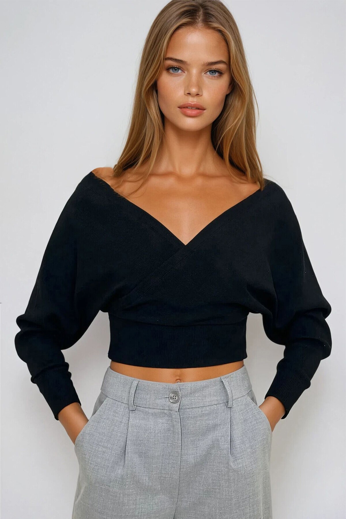 Siyah Ön Arka V Yaka Kruvaze Bluz