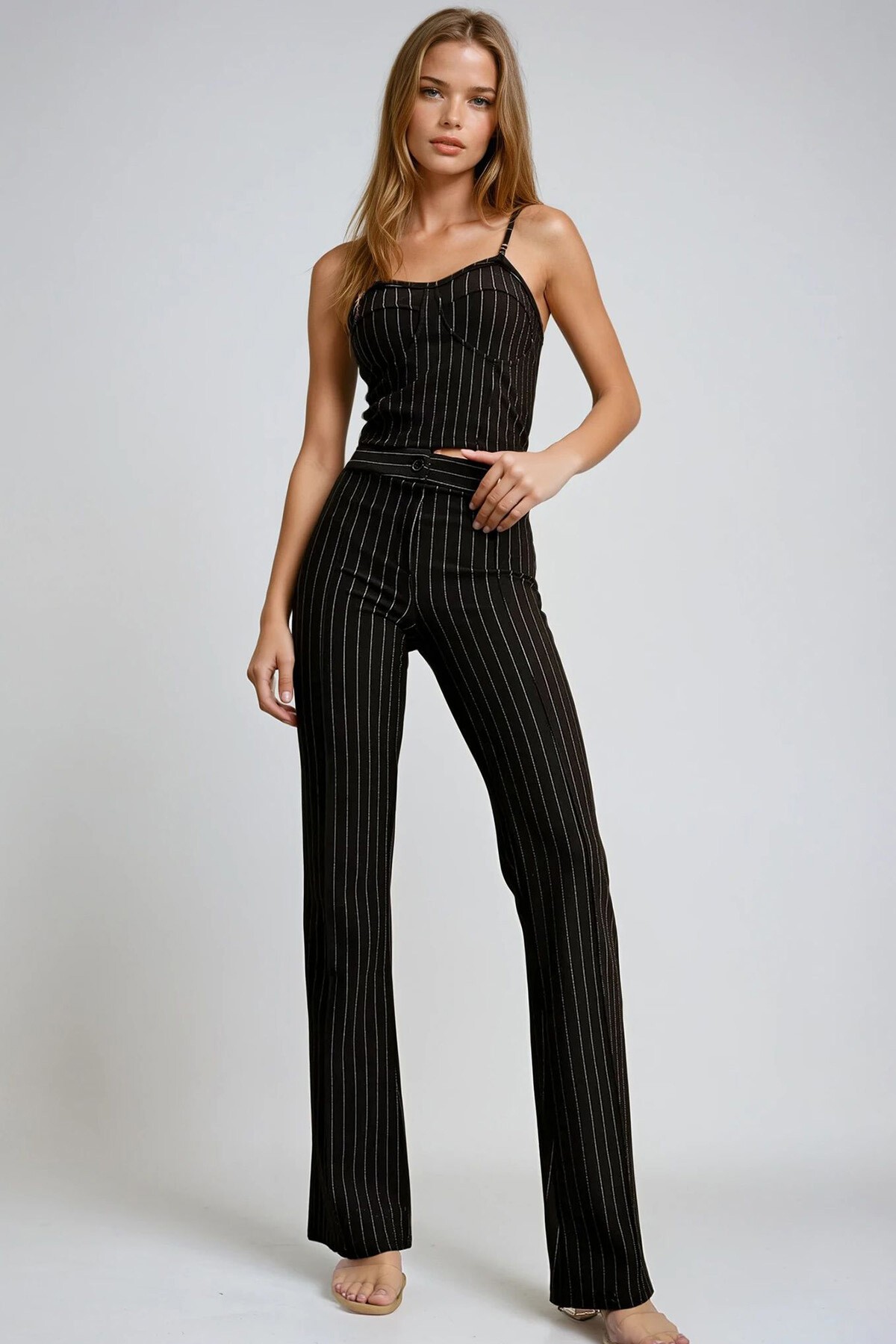 Siyah Önü Çimalı Çizgili Pantolon