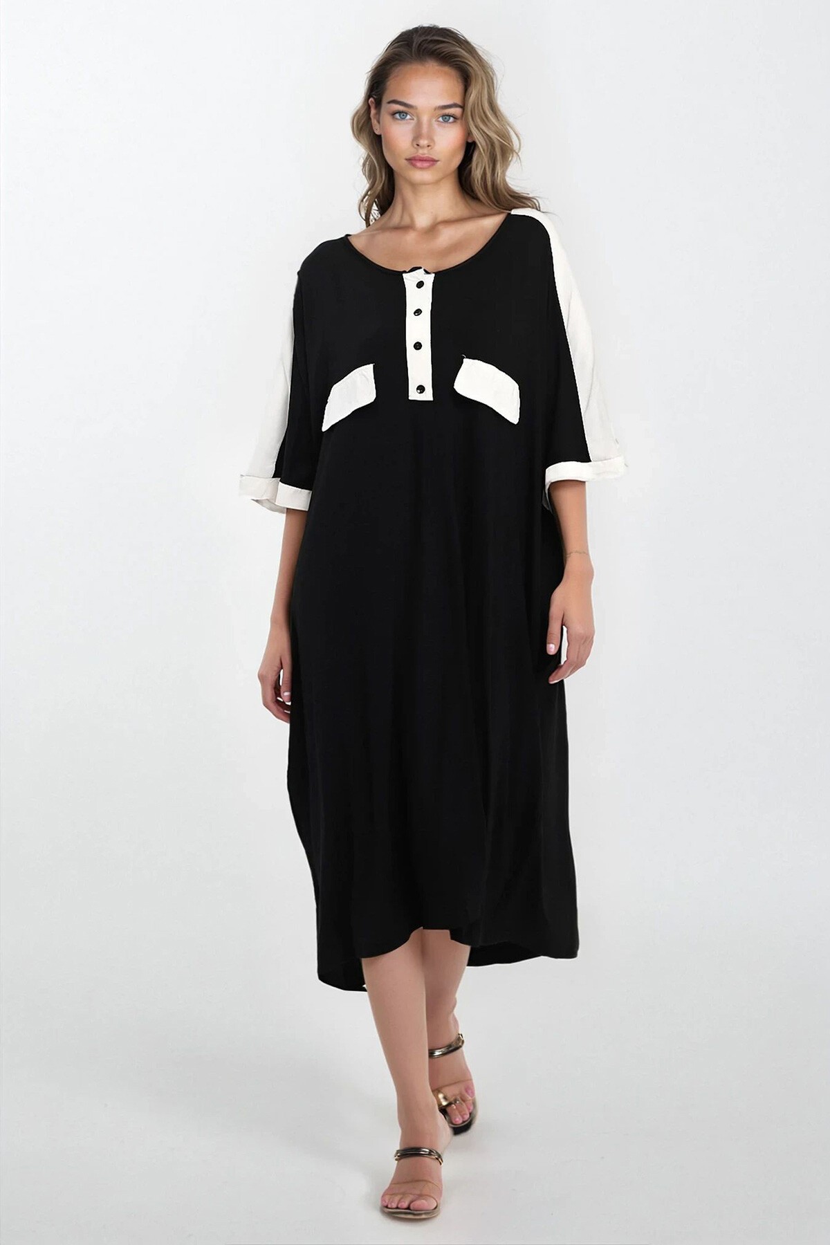 Siyah Önü Düğmeli Kısa Kollu Viskon Elbise