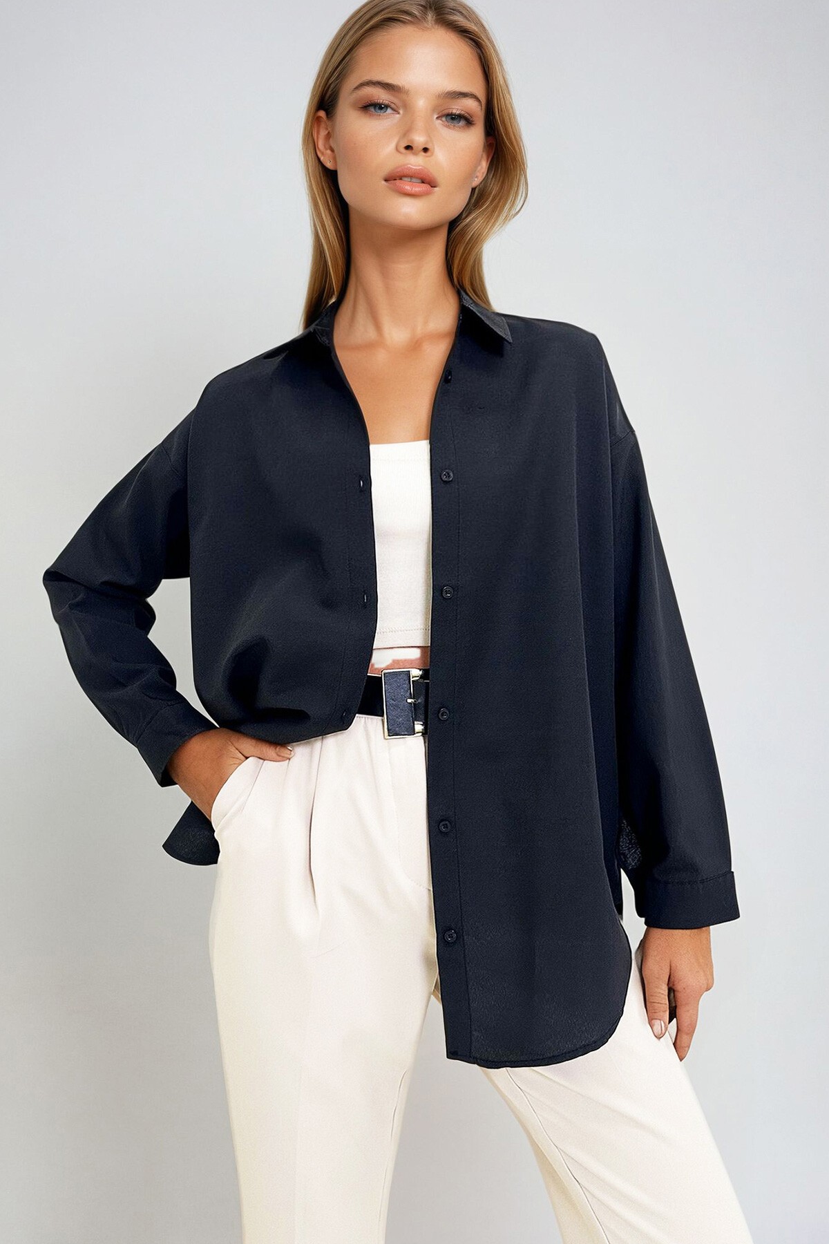 Siyah Oversize Uzun Dokuma Gömlek