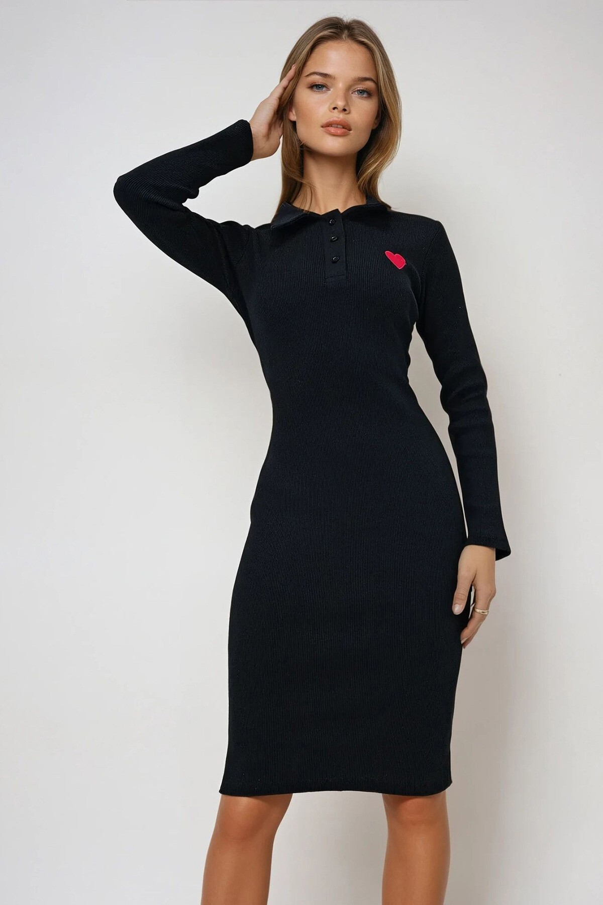 Siyah Polo Yaka Kalp Nakışlı Düğmeli Basic Elbise