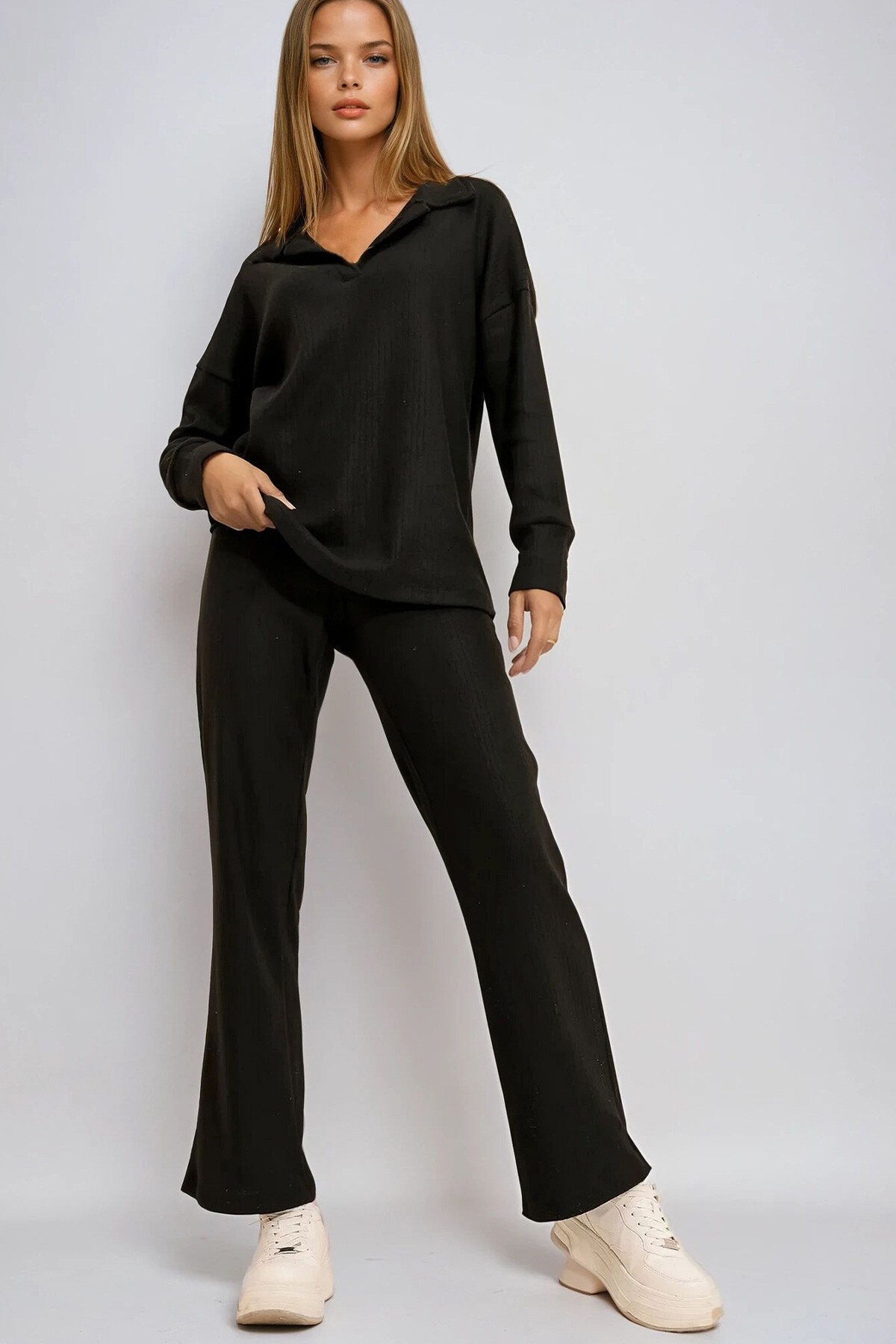 Siyah Polo Yaka Üst Ve Palazzon Pantolon Triko Alt Üst Takım