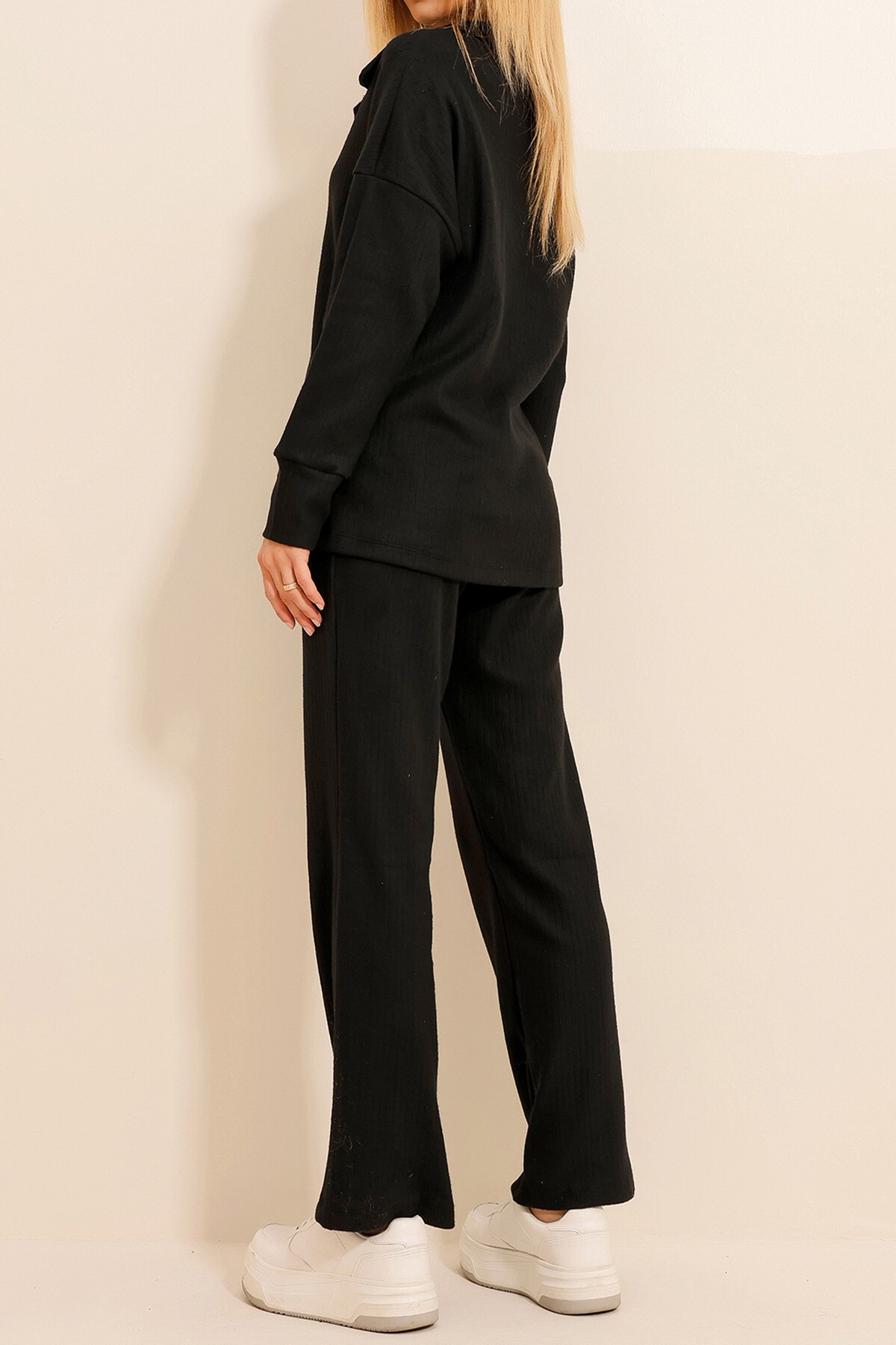 Siyah Polo Yaka Üst Ve Palazzon Pantolon Triko Alt Üst Takım