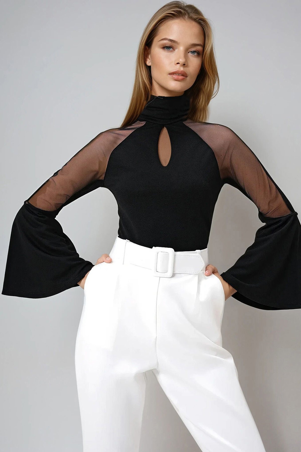 Siyah Şal Yaka Damla Dekolteli Tül Detaylı İspanyol Kol Örme Krep Bluz