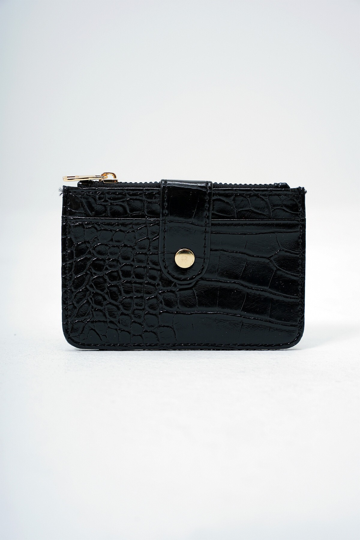 Siyah Suni Deri Bozuk Para Bölmeli Croco Desen Orta Boy Kartlık