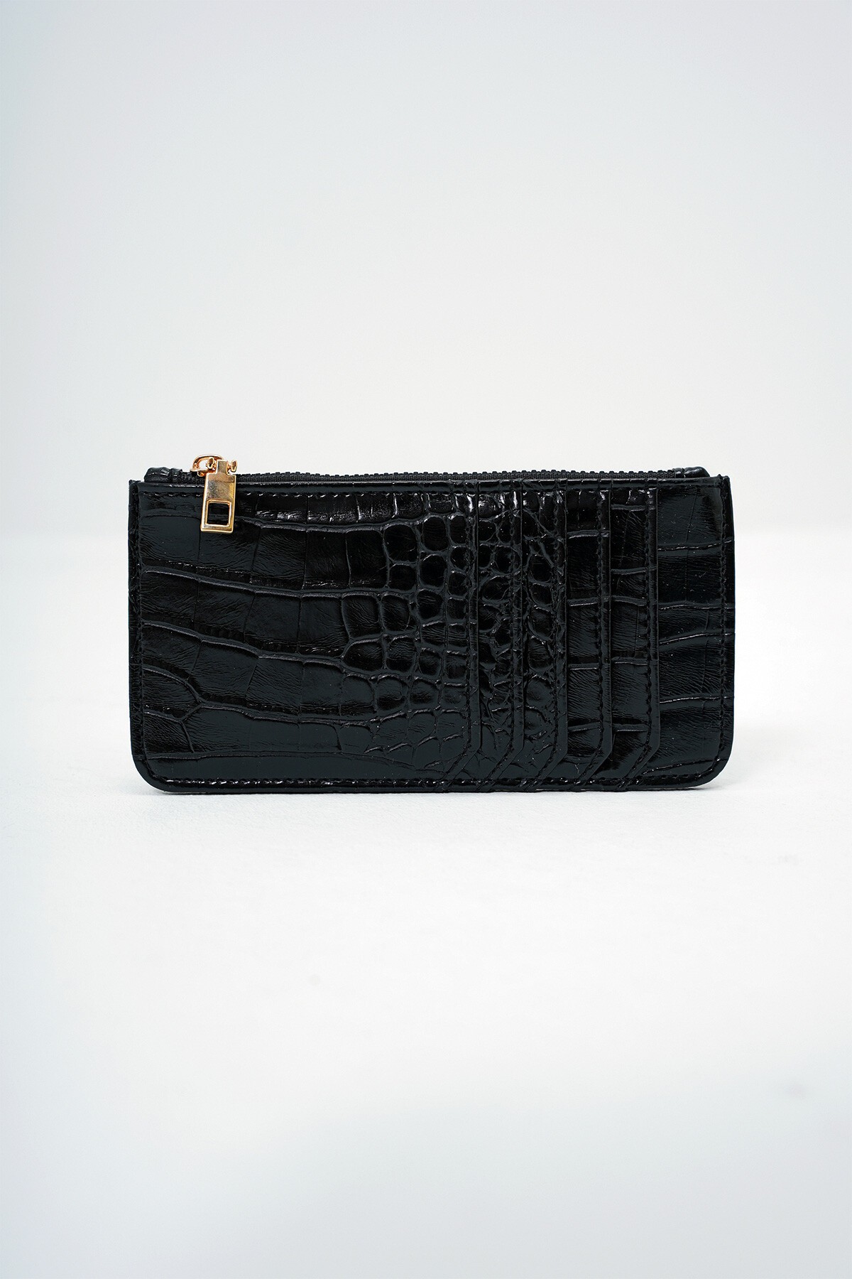 Siyah Suni Deri Fermuarlı Para Bölmeli Croco Desen İnce Kartlık