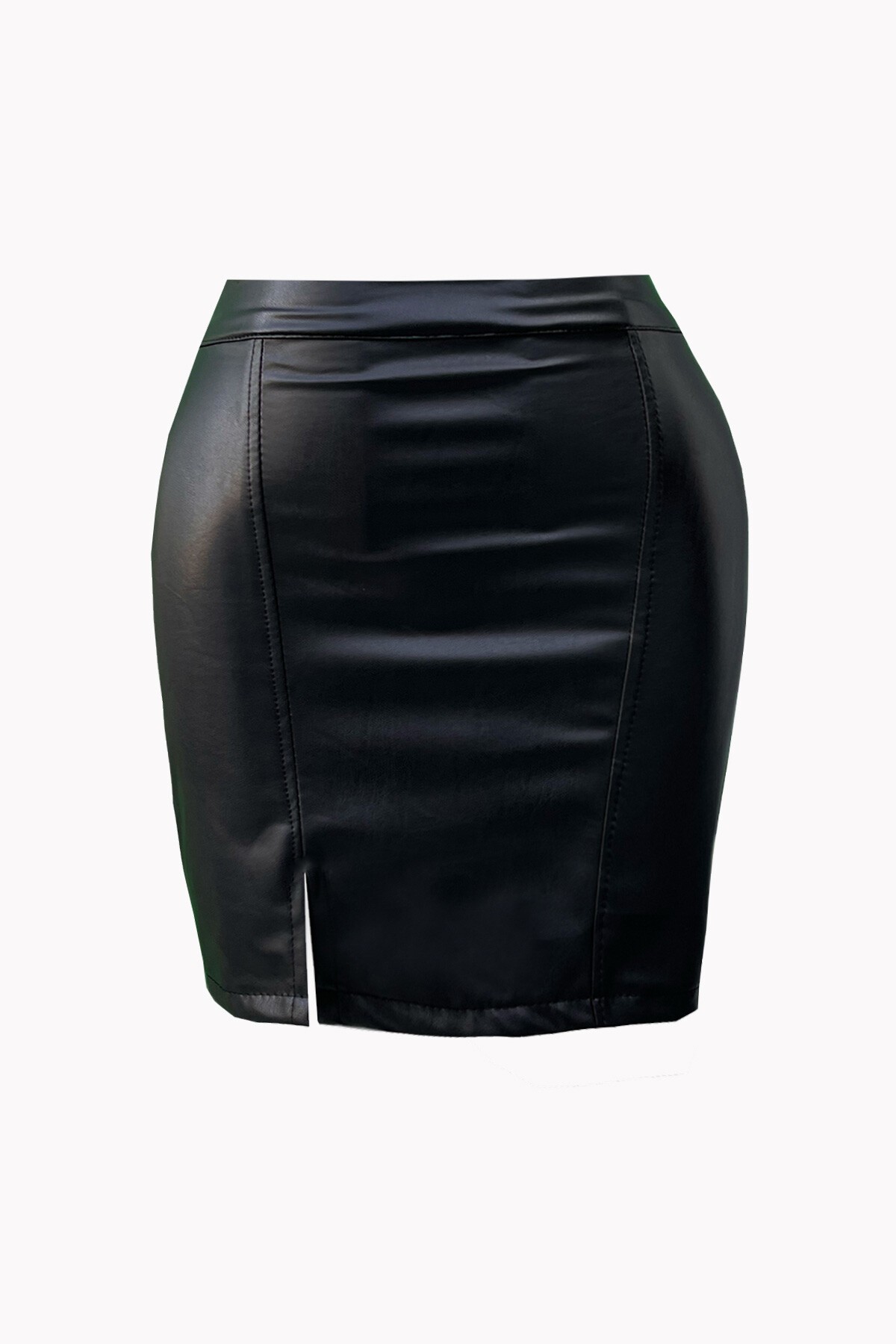 Siyah Suni Deri Yırtmaçlı Etek