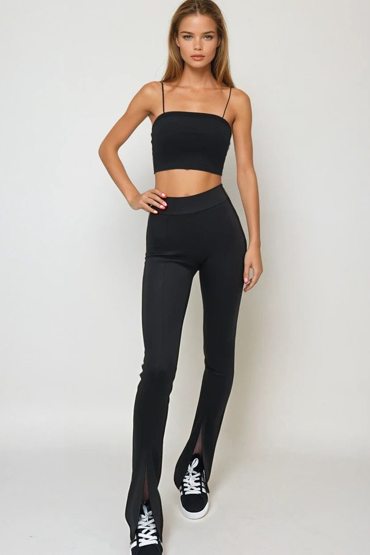 Siyah Yüksek Bel Önü Dikişli İspanyol Paça Ve Çapraz Yırtmaçlı Scuba Pantolon