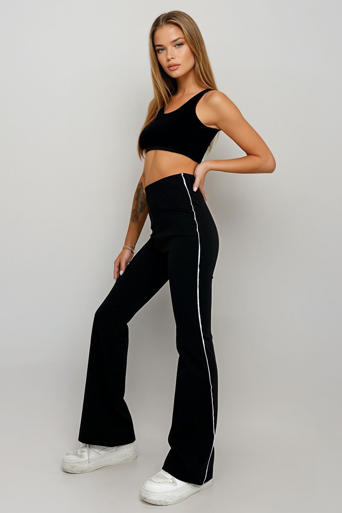 Siyah Yüksek Bel Yanı Dikişli Scuba Pantolon