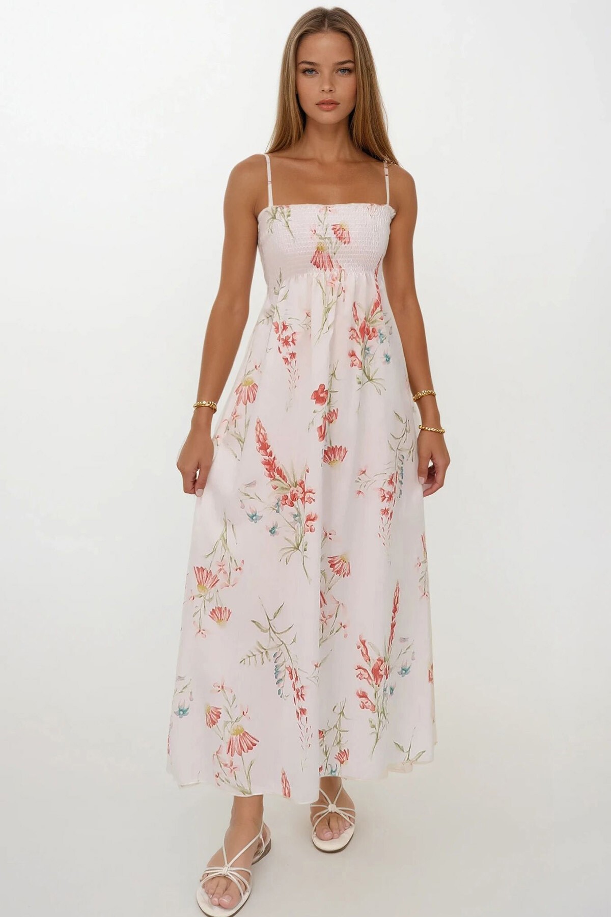 Somon Çiçek Desenli İp Askılı Midi Boy Elbise