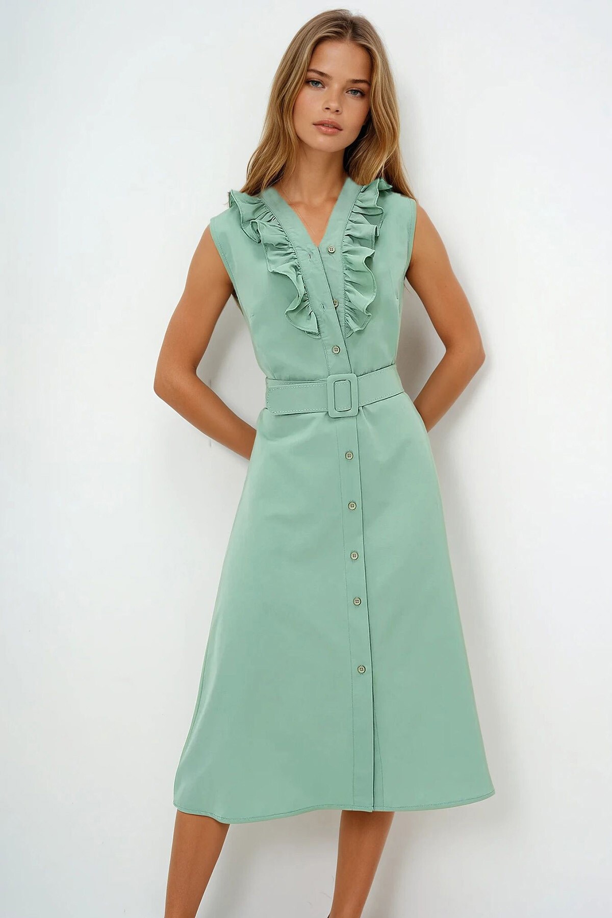 Su Yeşili Önü Fırfırlı Kemerli Poplin Dokuma Elbise