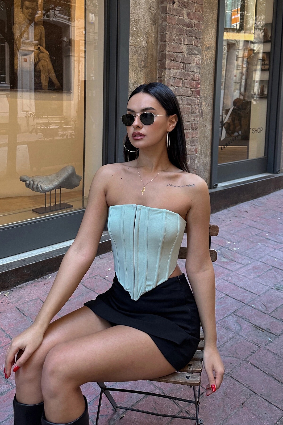 Su Yeşili Önü Kopçalı Straplez Crop Büstiyer