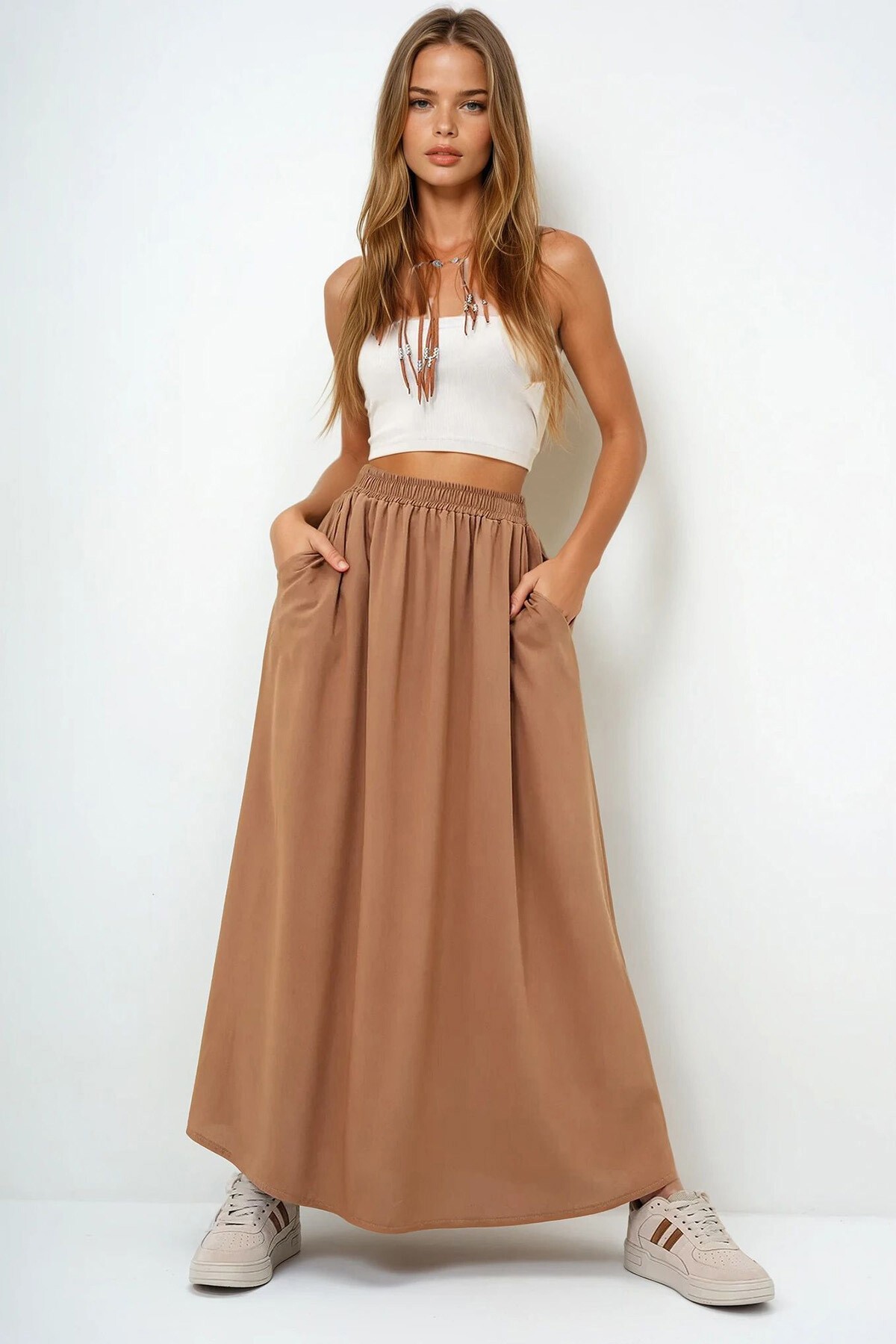 Sütlü Kahve Çift Cepli Kloş Dokuma Etek