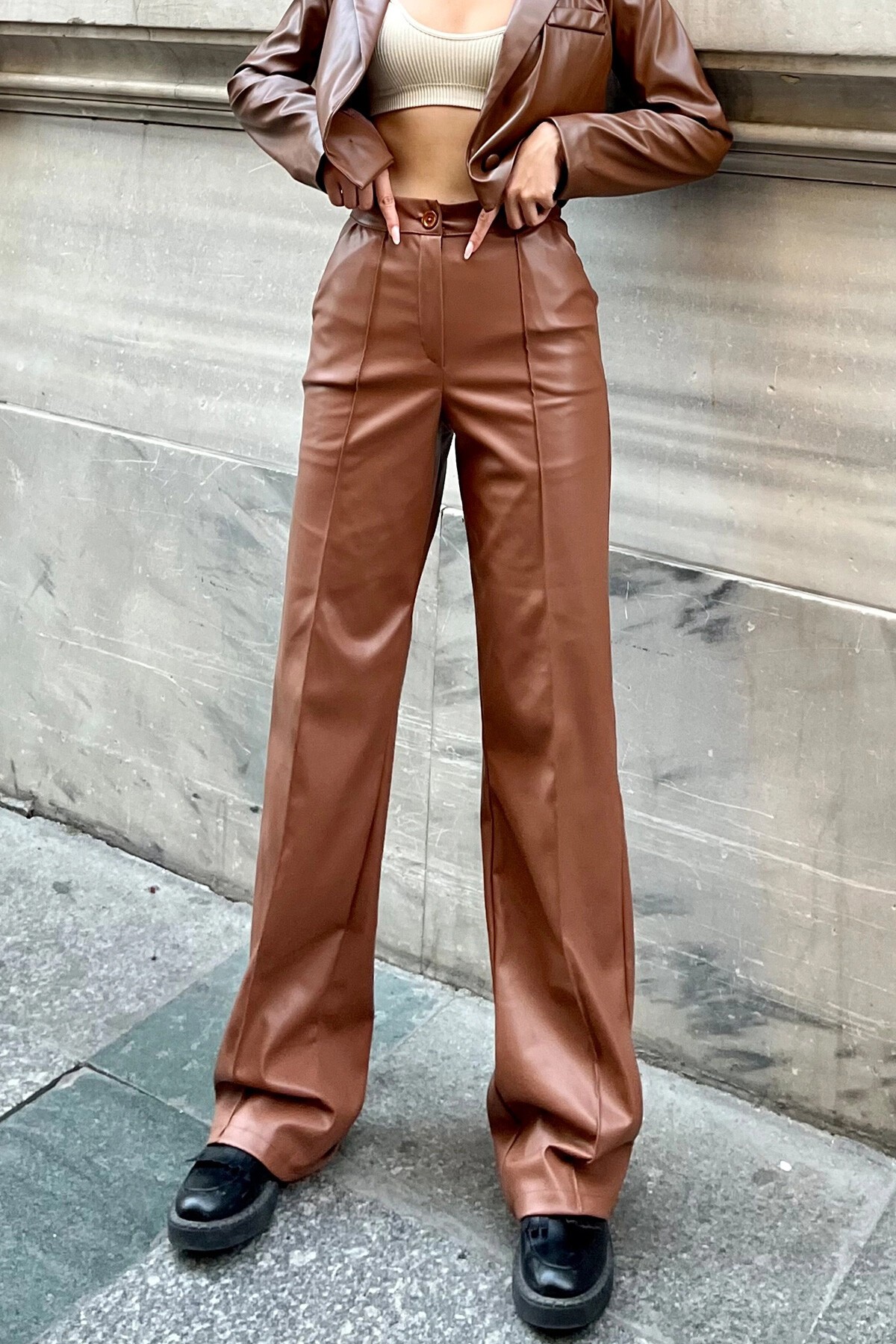 Taba Yüksek Bel Nervür Dikişli İçi Süet Deri Palazzo Pantolon