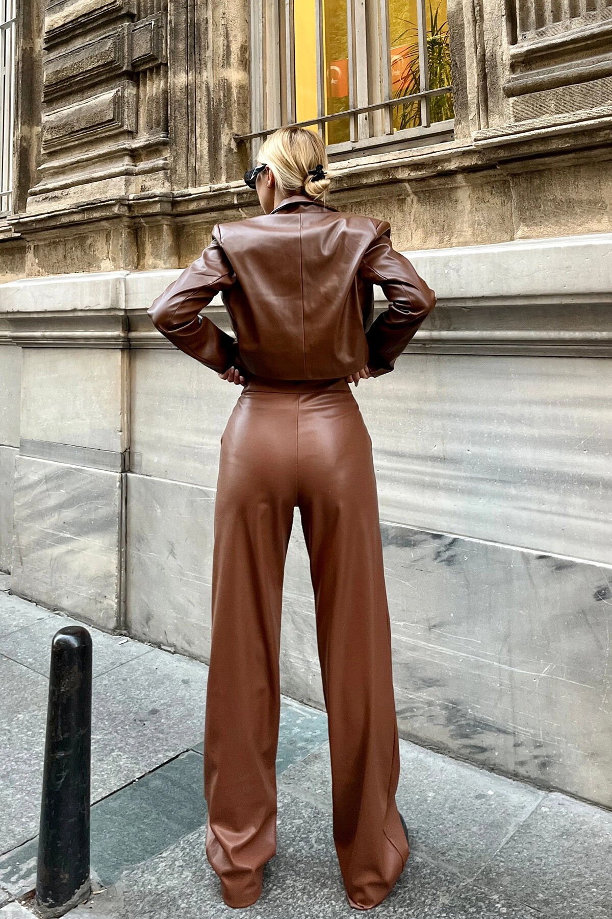 Taba Yüksek Bel Nervür Dikişli İçi Süet Deri Palazzo Pantolon