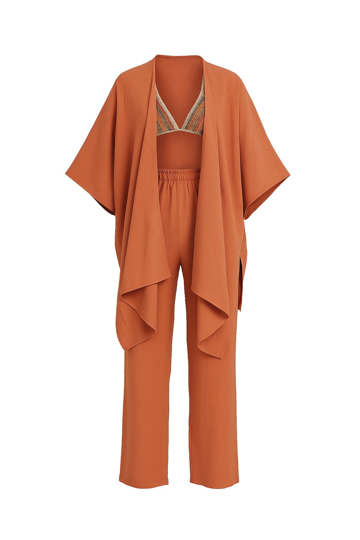 Tarçın Paçası Yırtmaçlı Kendinden Dokulu Pantolon Ve Ceket İkili Takım