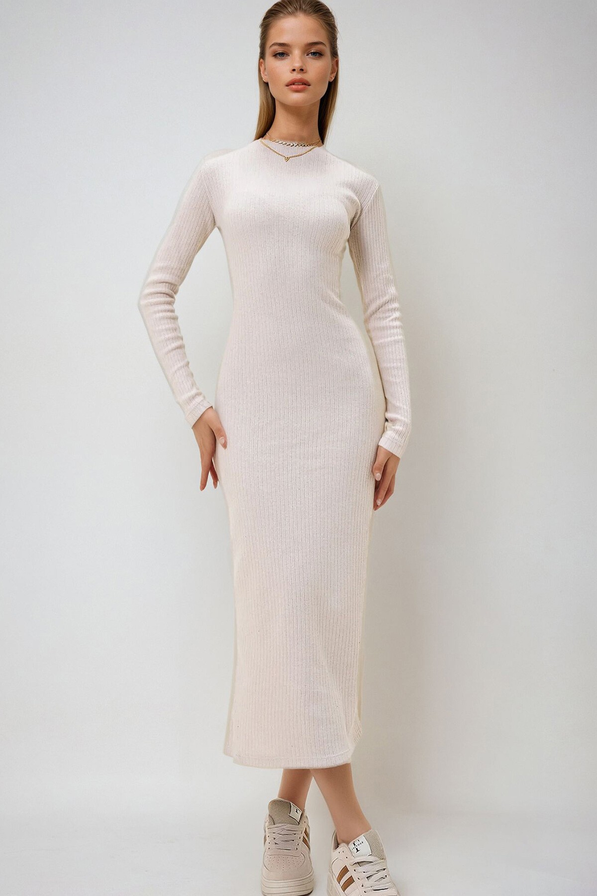 Taş Bisiklet Yaka Uzun Kol İnterlok Kumaş Maxi Boy Elbise