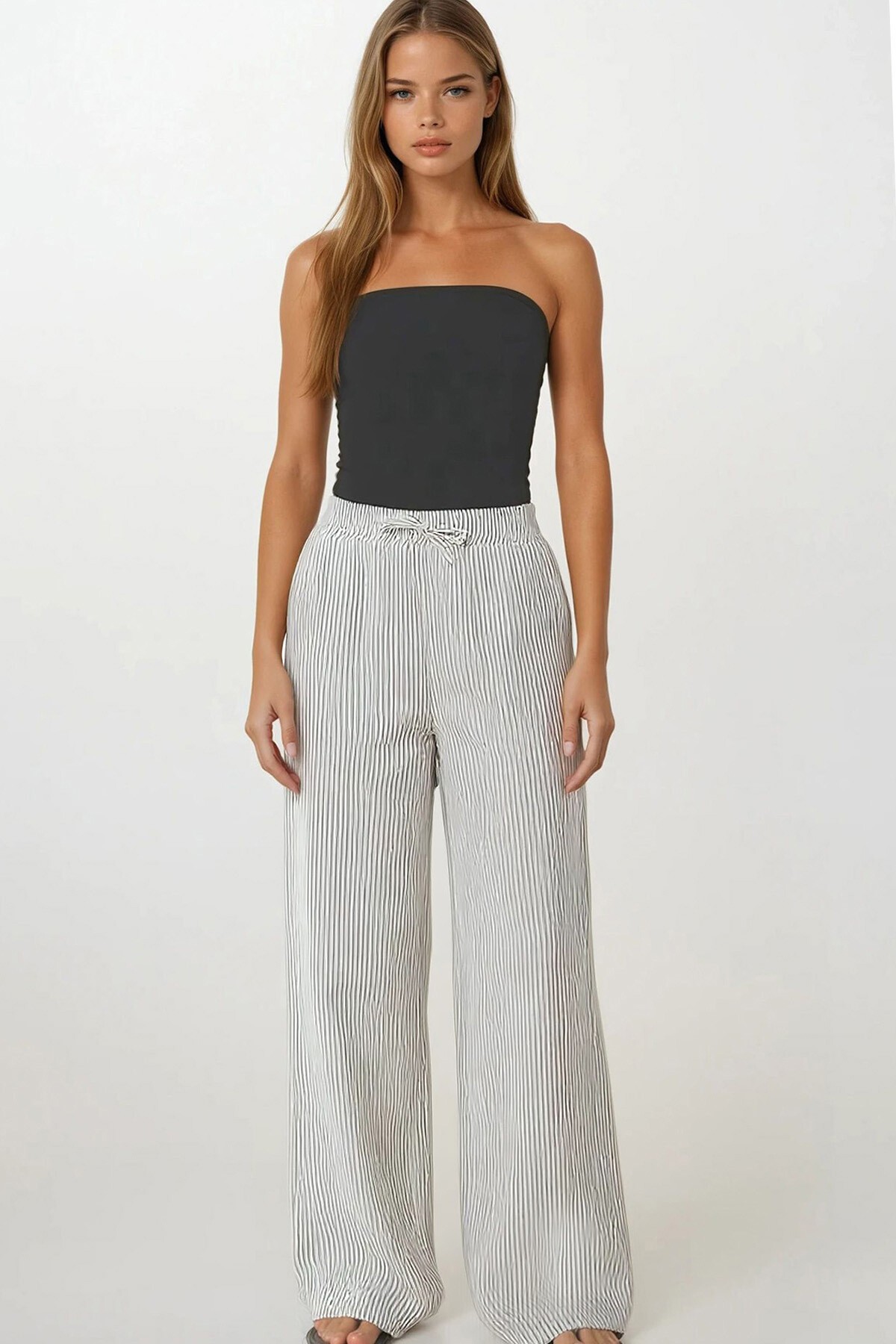 Taş Çift Cepli Çizgili Müslin Palazzo Pantolon