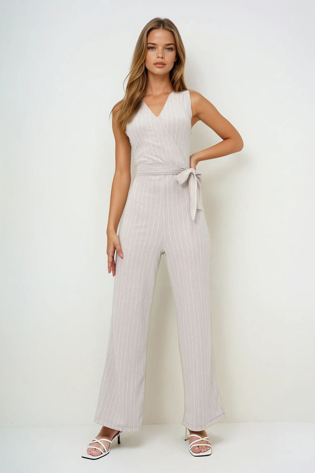 Taş Kruvaze Yaka Çizgili Kendinden Kuşaklı Tulum