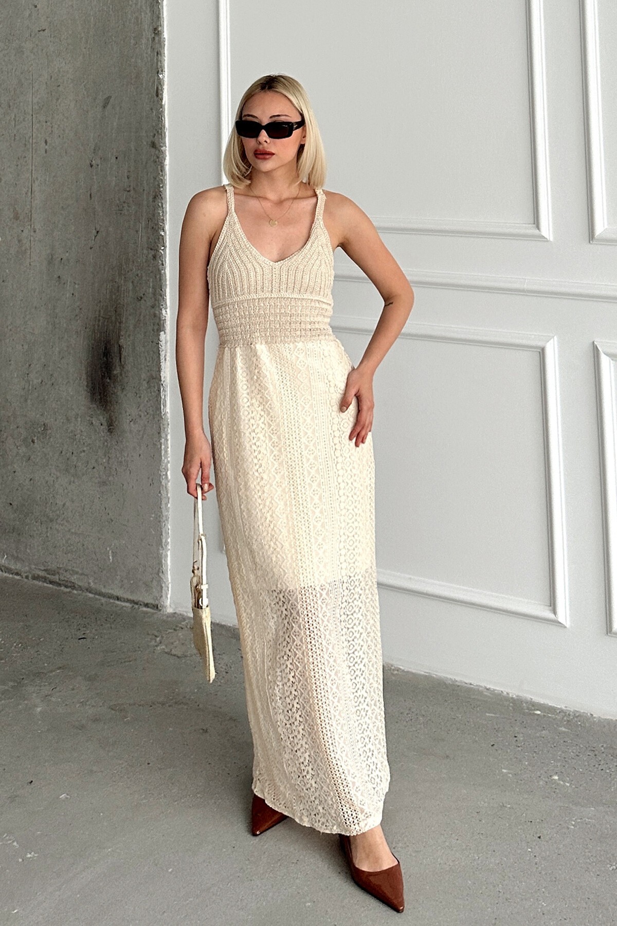 Taş V Yaka İçi Astarlı  Kroşeta Elbise