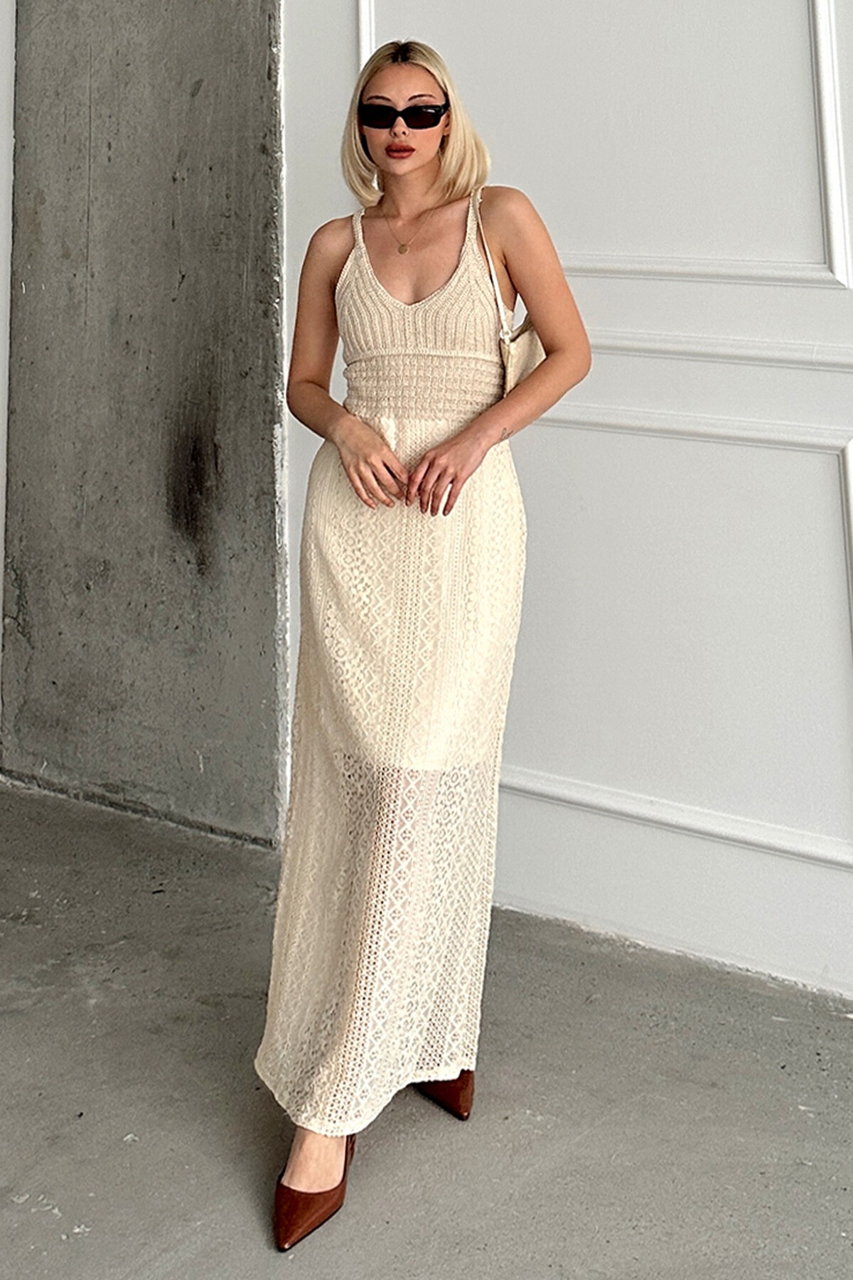 Taş V Yaka İçi Astarlı  Kroşeta Elbise