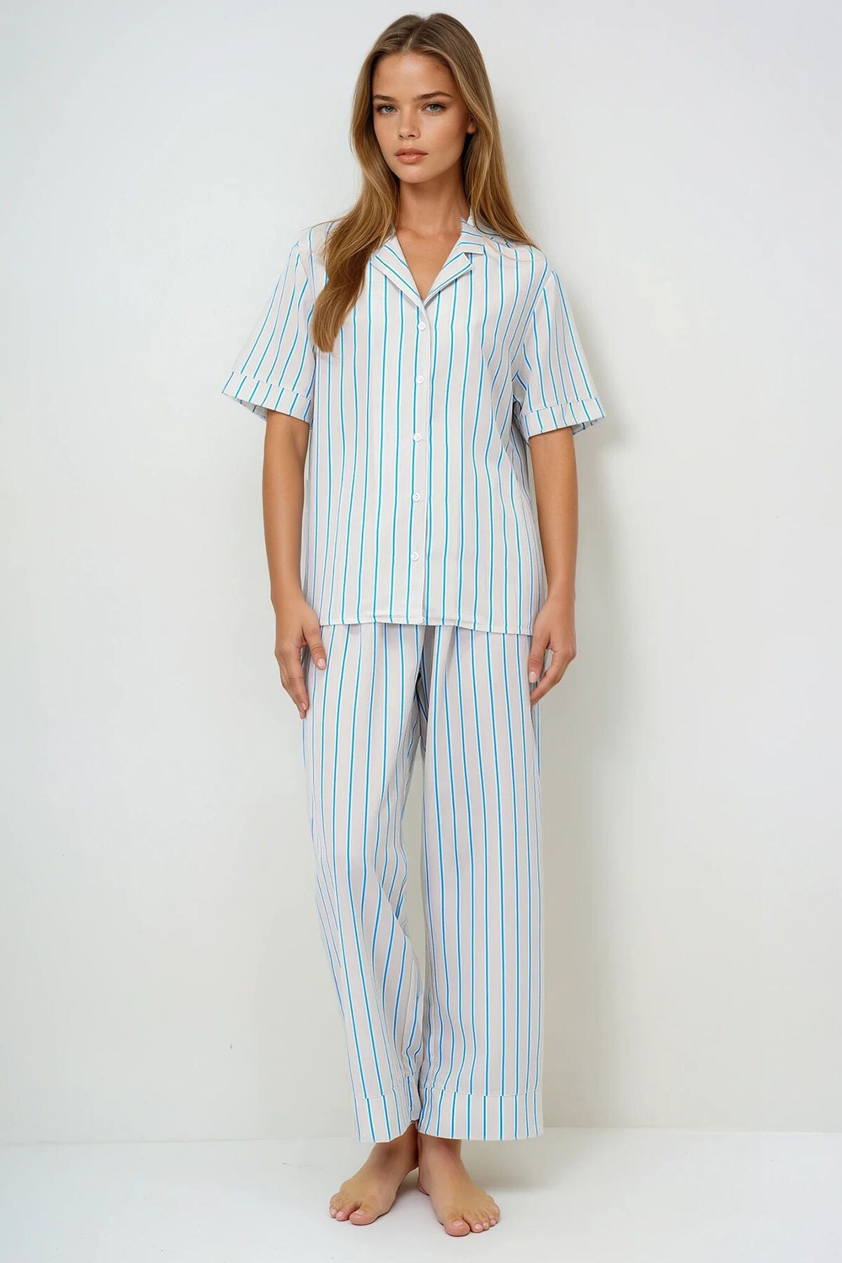 Tereyağı Sarısı Duble Kol Ve Paça Detaylı Çizgili Gömlek Ve Pantolonlu Pijama Takımı