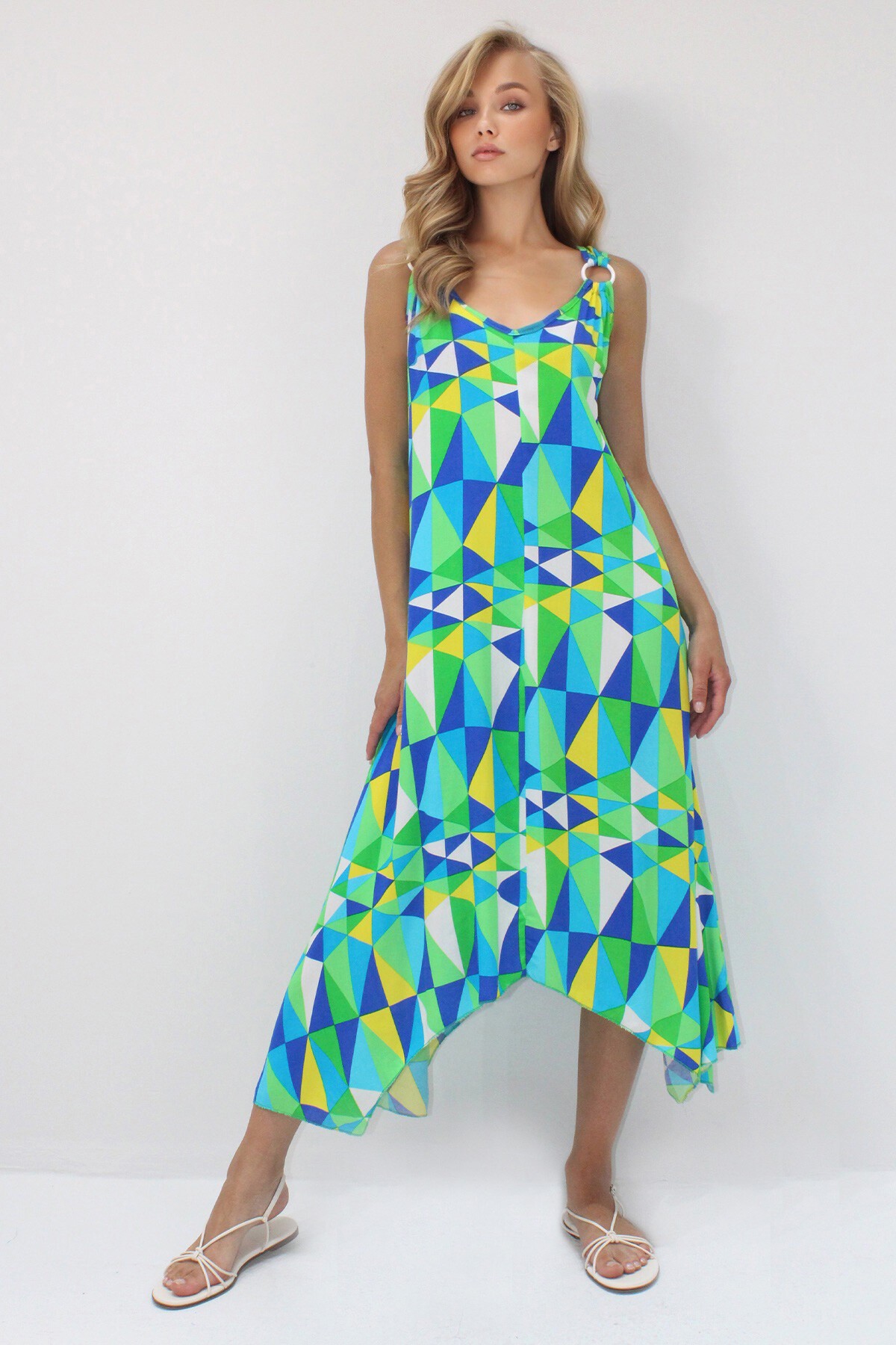 Turkuaz Mavi Asimetrik Kesim Askılı Halka Detaylı Rahat Kalıp Dokuma Viskon Elbise