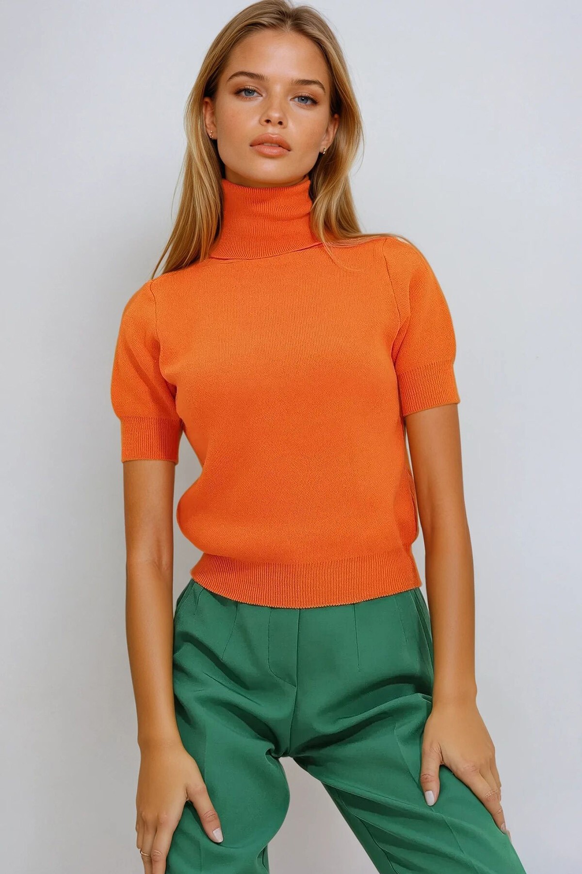 Turuncu Balıkçı Yaka Kısa Kol Basic Triko Kazak