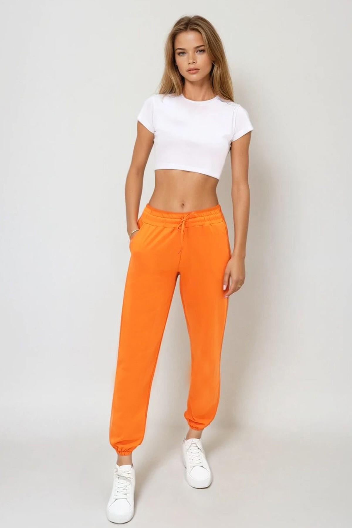 Turuncu Beli Ve Paçası Lastikli Basic Eşofman Altı