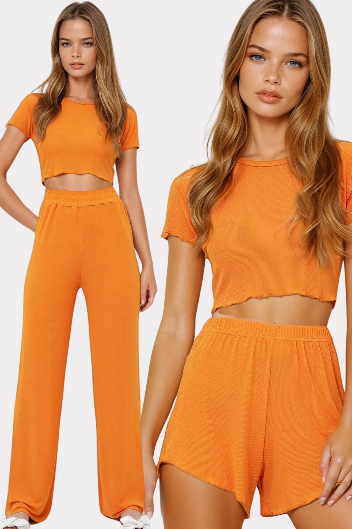 Turuncu Bisiklet Yaka Crop Bluz, Şort Ve Pantolonlu 3 Lü Set Pijama Takımı