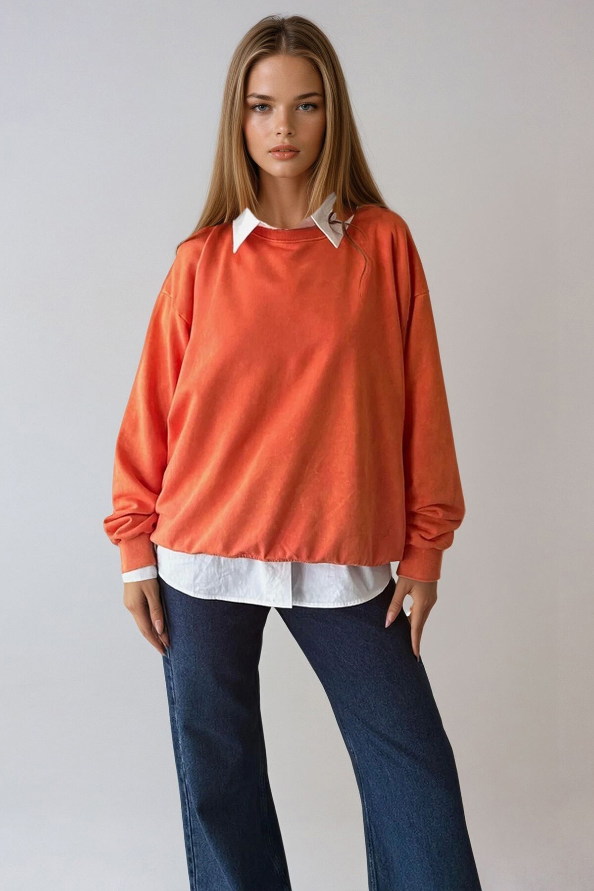 Turuncu Bisiklet Yaka Oversize Mevsimlik Basic Sweatshirt