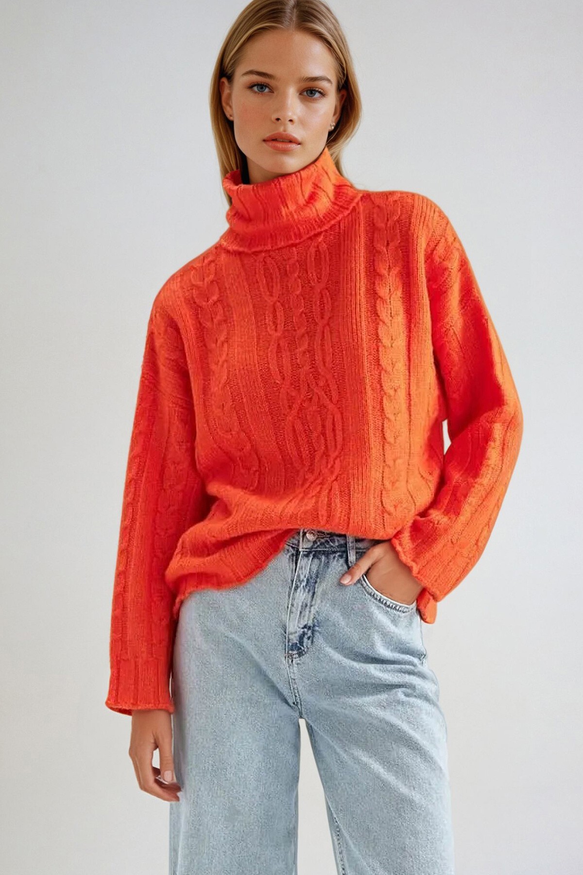 Turuncu Boğazlı Örgülü Triko Kazak