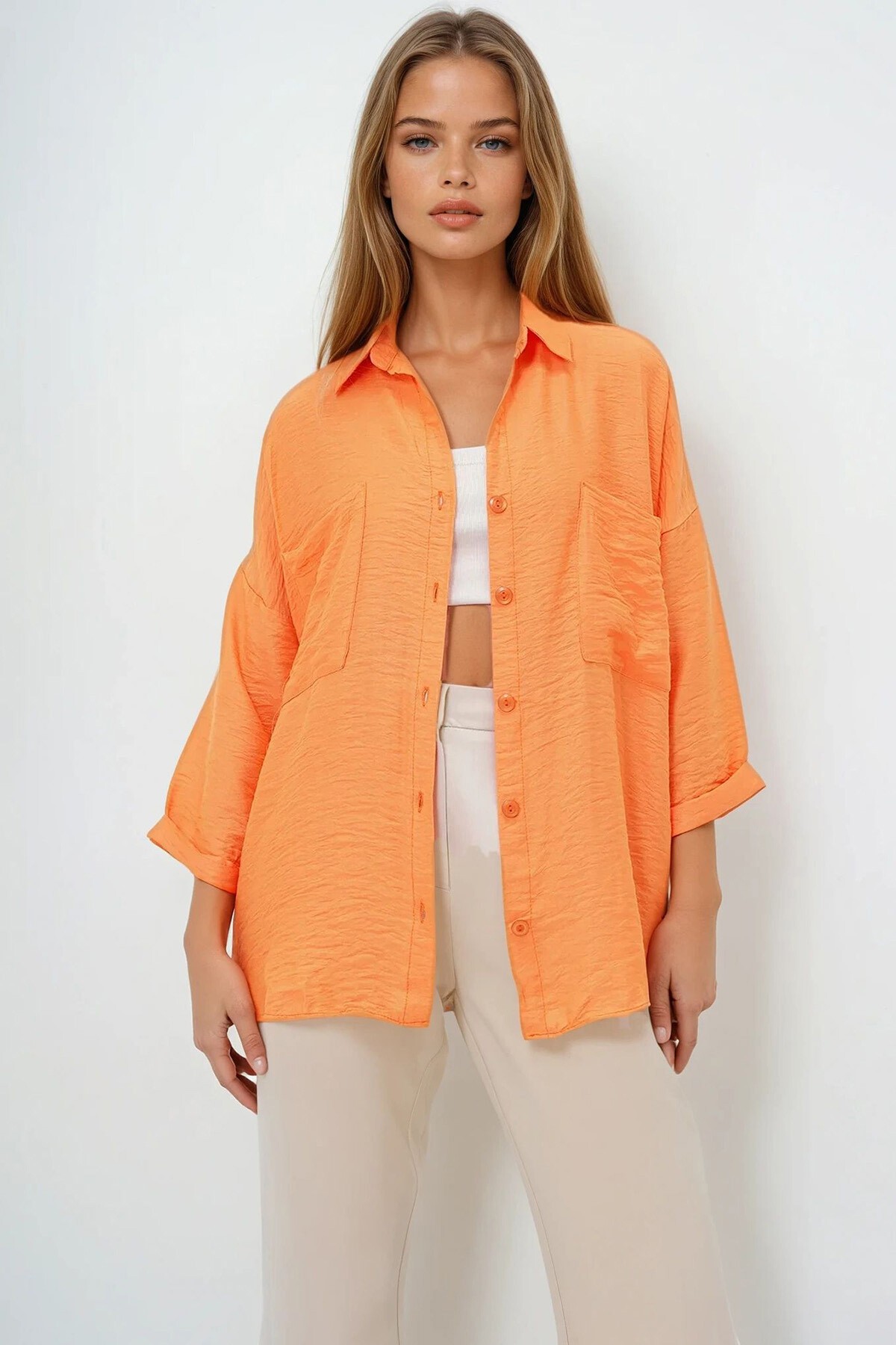 Turuncu Çift Cepli Oversize Dokuma Gömlek