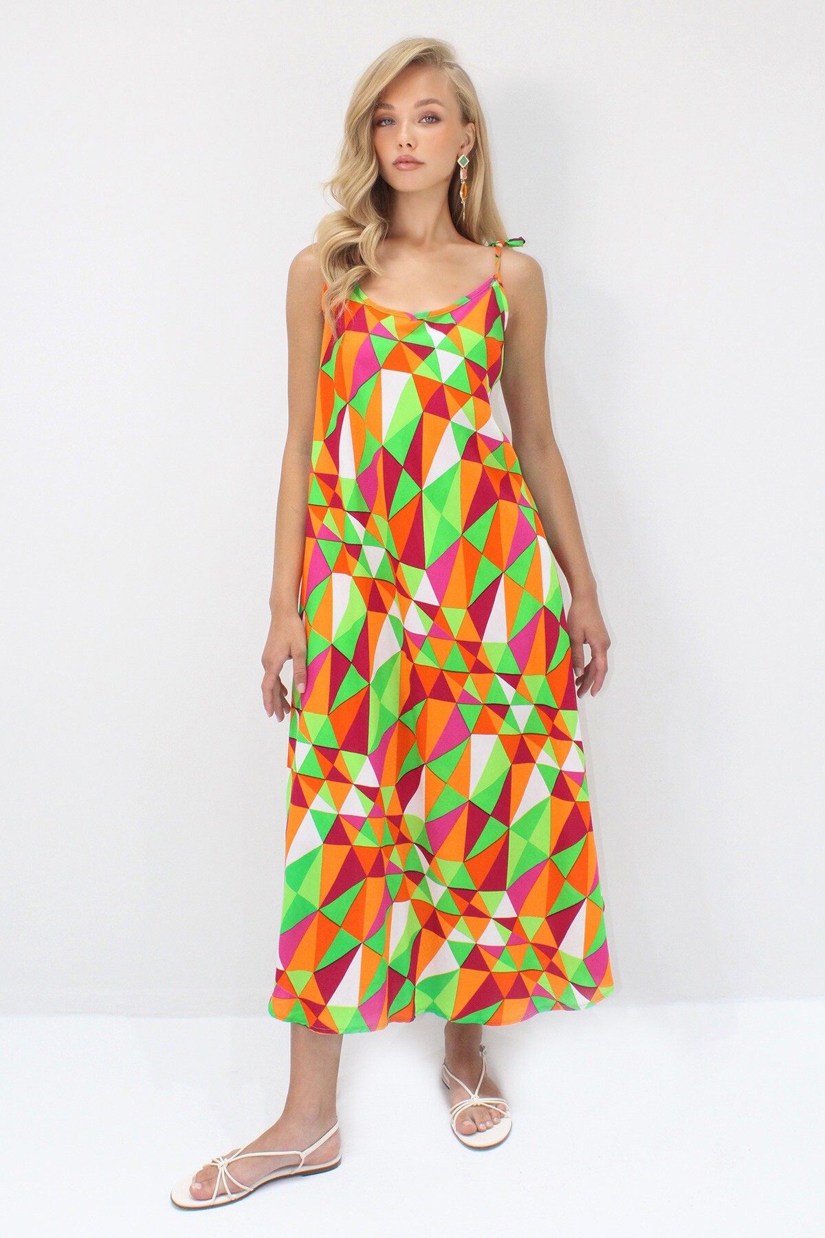 Turuncu İp Askılı Çok Renkli Midi Boy Dokuma Viskon Elbise