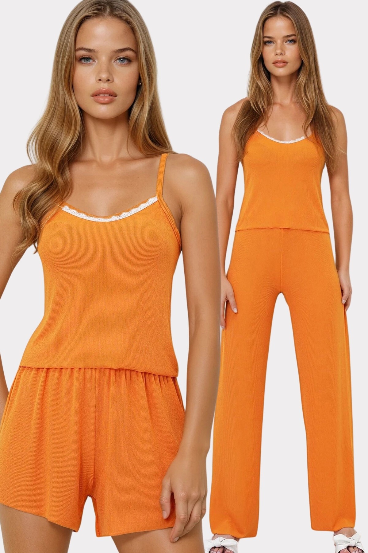 Turuncu İp Askılı Dantel Detaylı Bluz, Şort Ve Pantolonlu 3 Lü Set Pijama Takımı